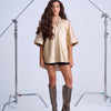 Oversized Over-Shirt — Gold Short-Sleeve Vegan Leather with Side Stripe Detail
