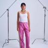 Perfect Suit Pants — Straight-Leg Vegan Leather with Side Stripes in Metallic Fushia