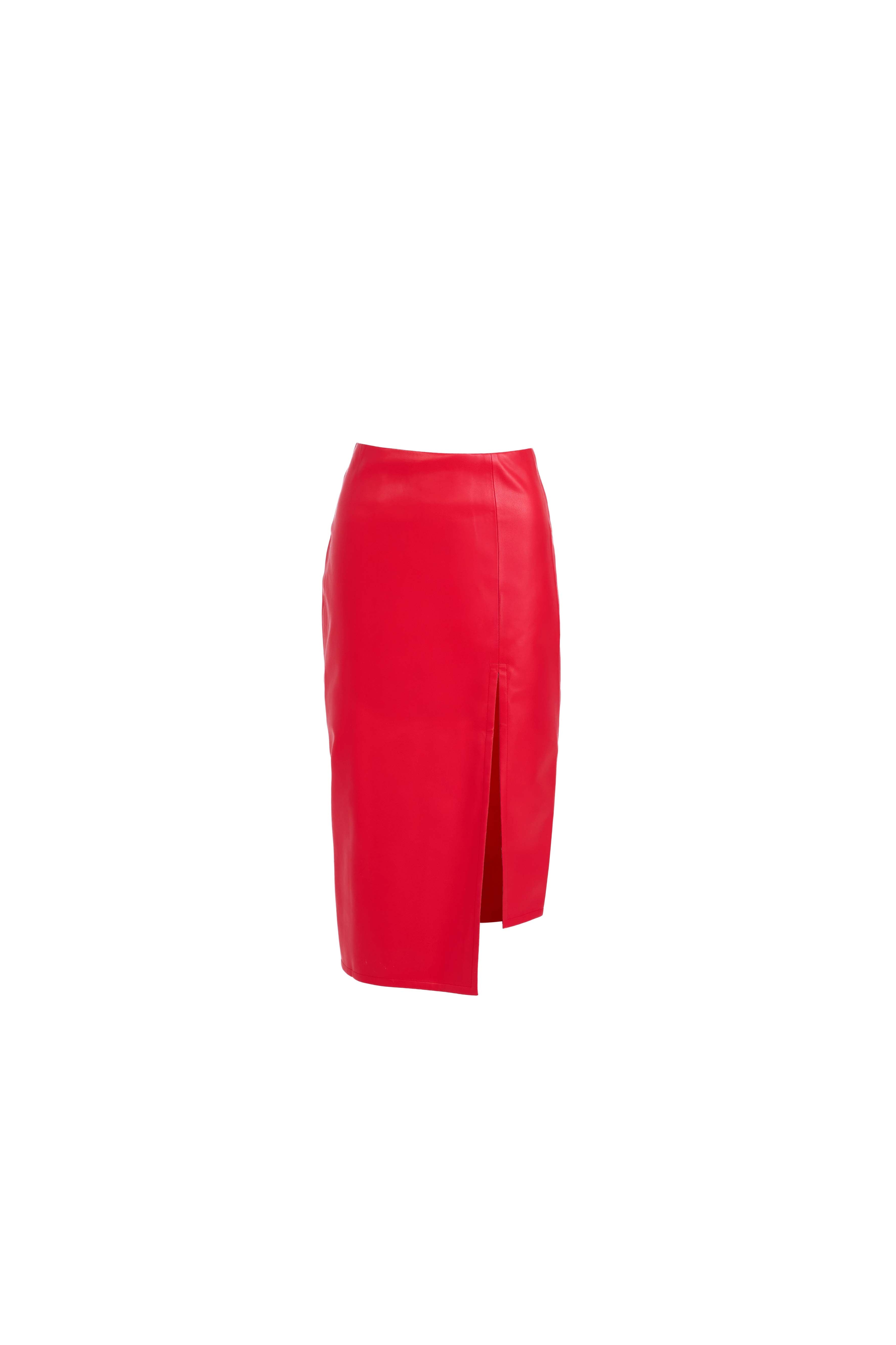 Asymmetrical Pencil Skirt — Bold Red Vegan Leather with Side Slit and Lined Interior