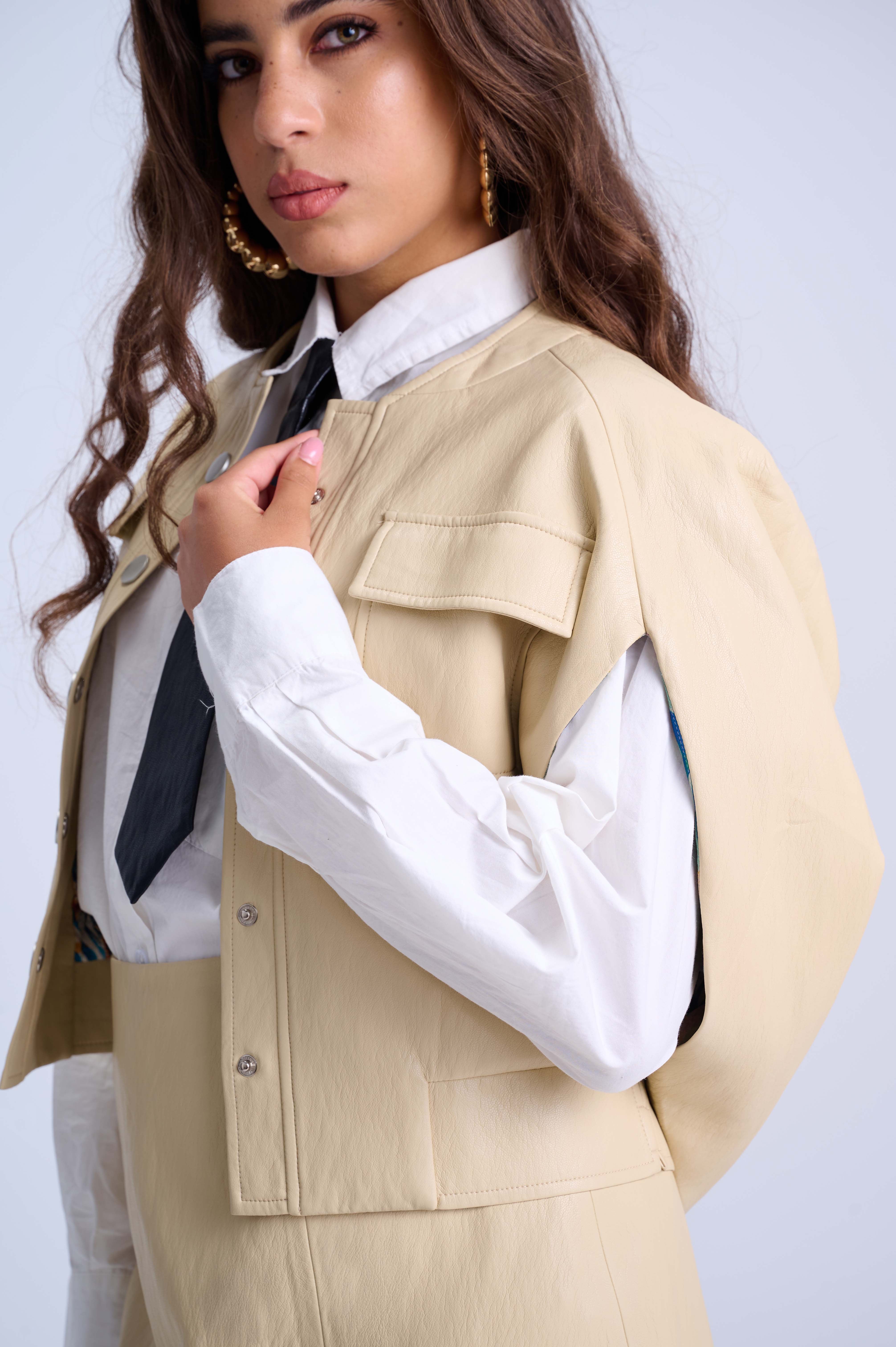 Asymmetrical Pencil Skirt — Ivory Vegan Leather with Side Slit and Lined Interior