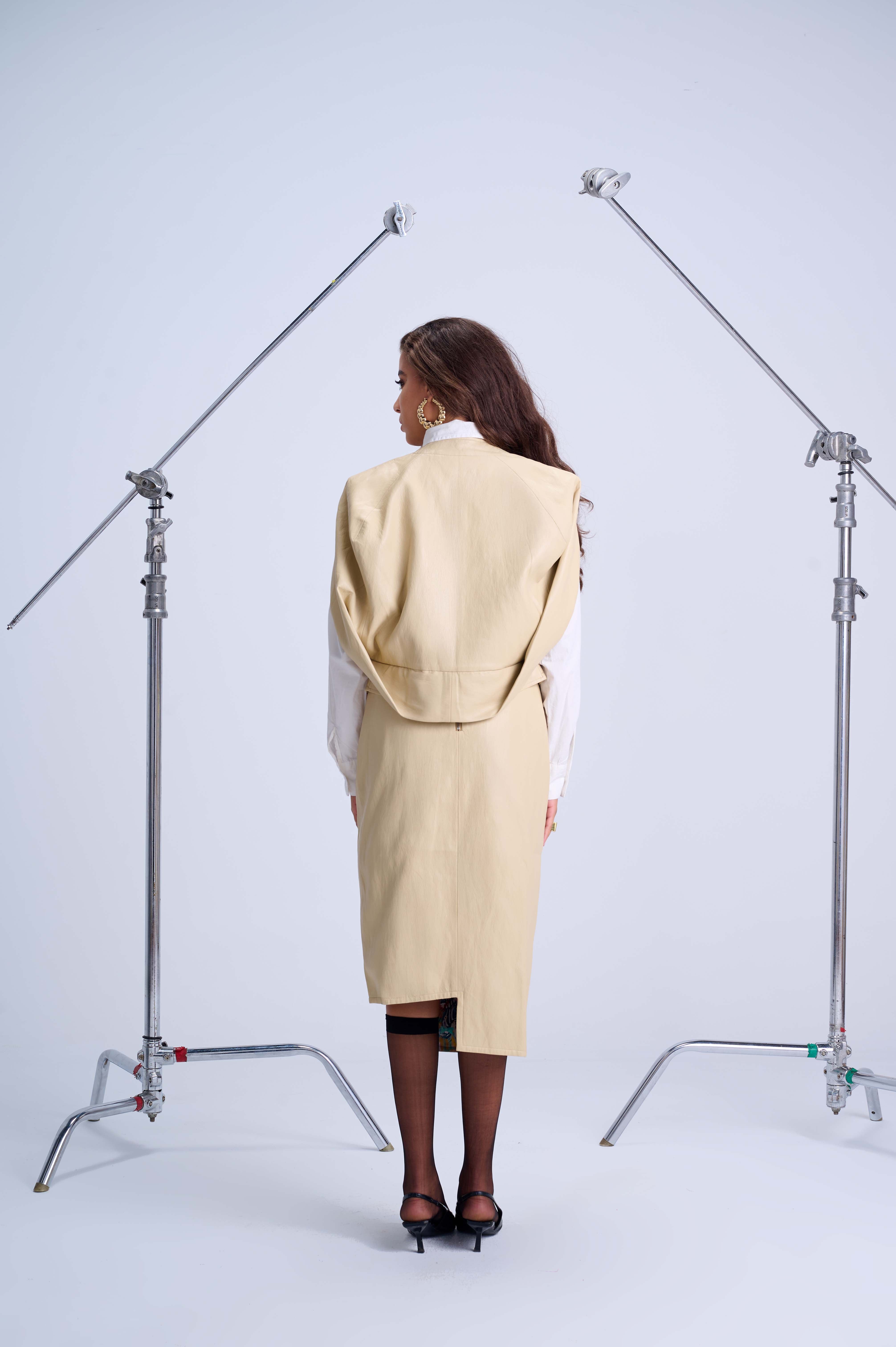 Asymmetrical Pencil Skirt — Ivory Vegan Leather with Side Slit and Lined Interior