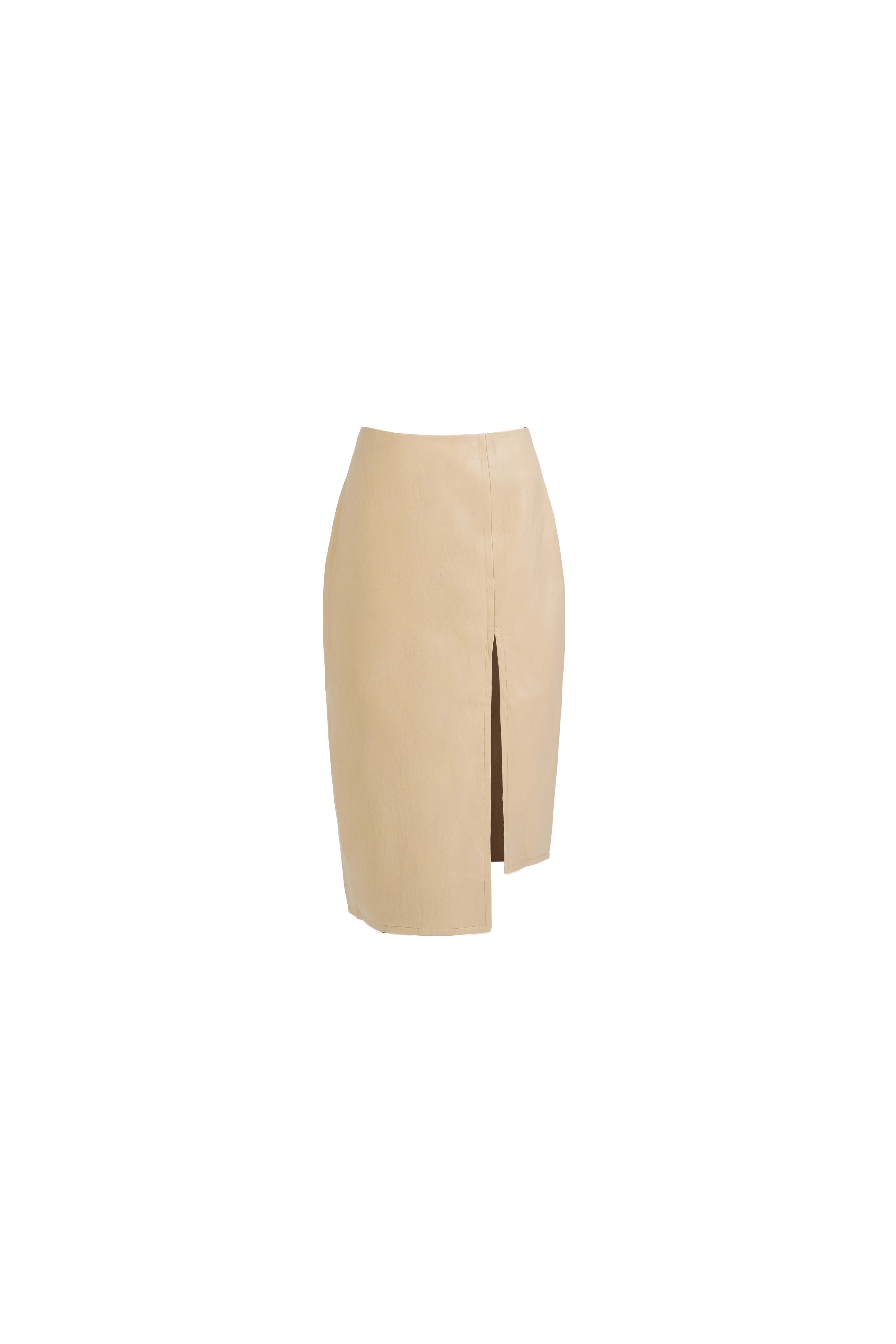 Asymmetrical Pencil Skirt — Ivory Vegan Leather with Side Slit and Lined Interior