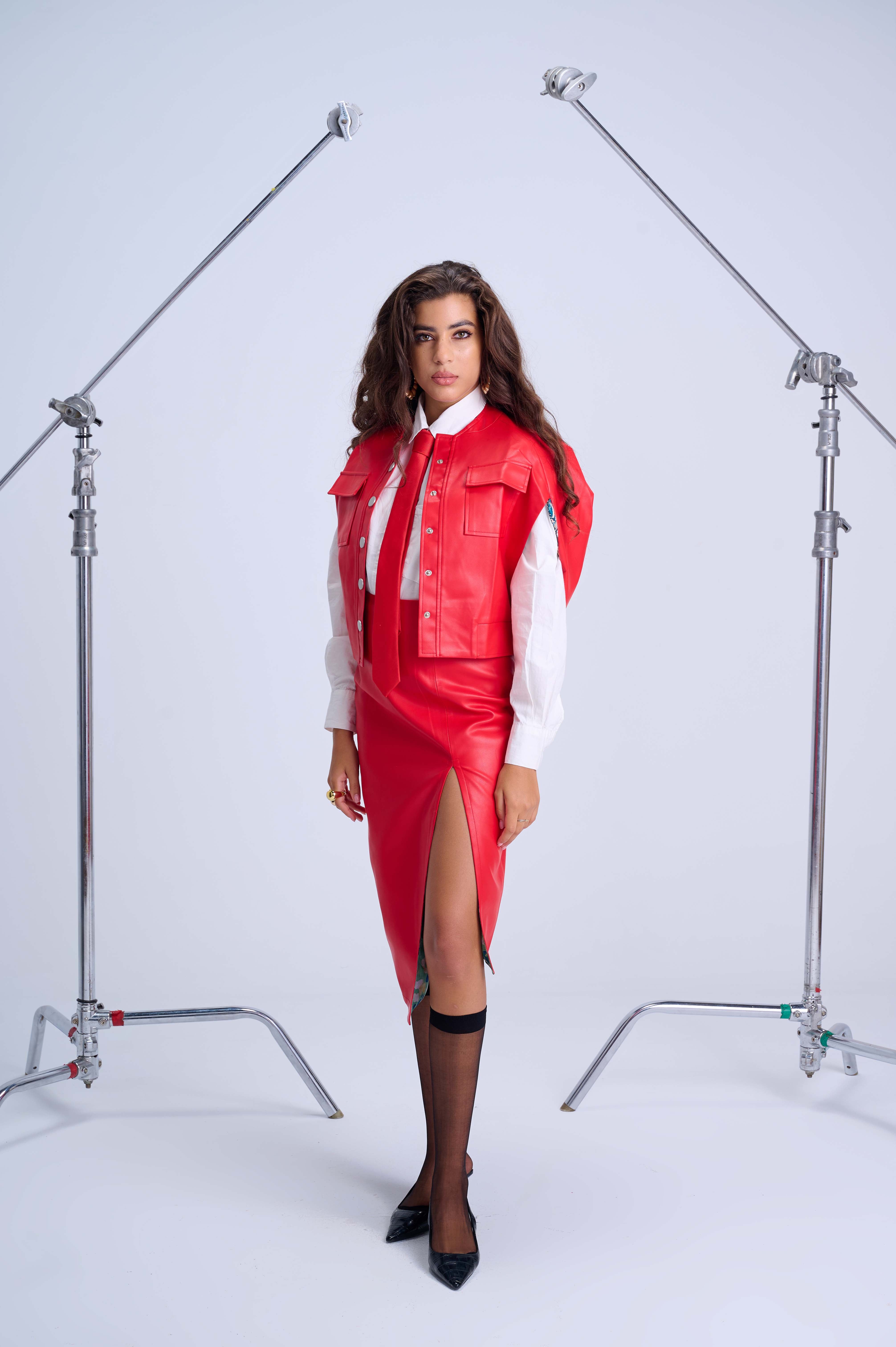 Cape Bomber Jacket — Bold Red Elegant Vegan Leather with Artistic Lined Interior
