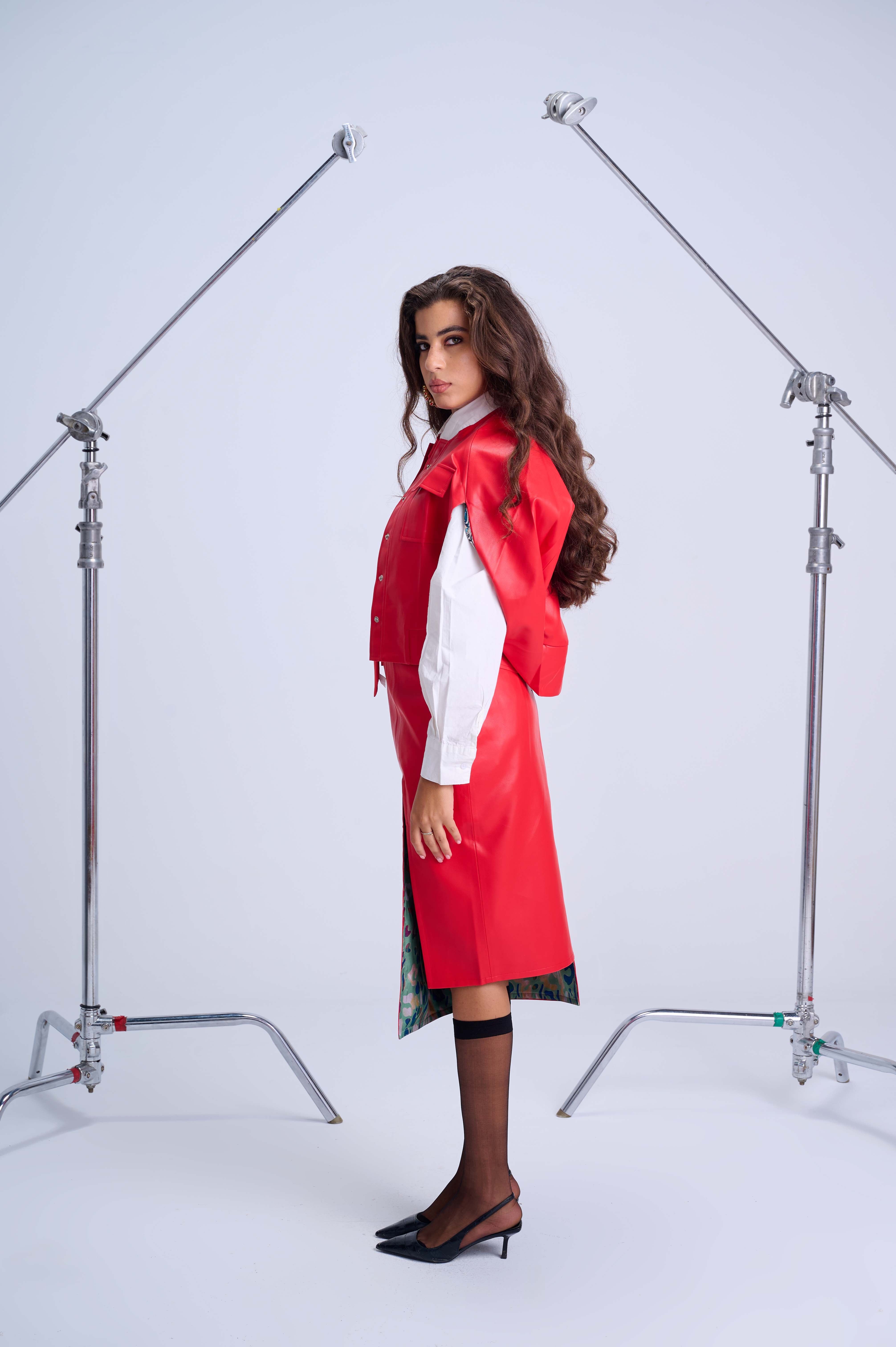 Cape Bomber Jacket — Bold Red Elegant Vegan Leather with Artistic Lined Interior