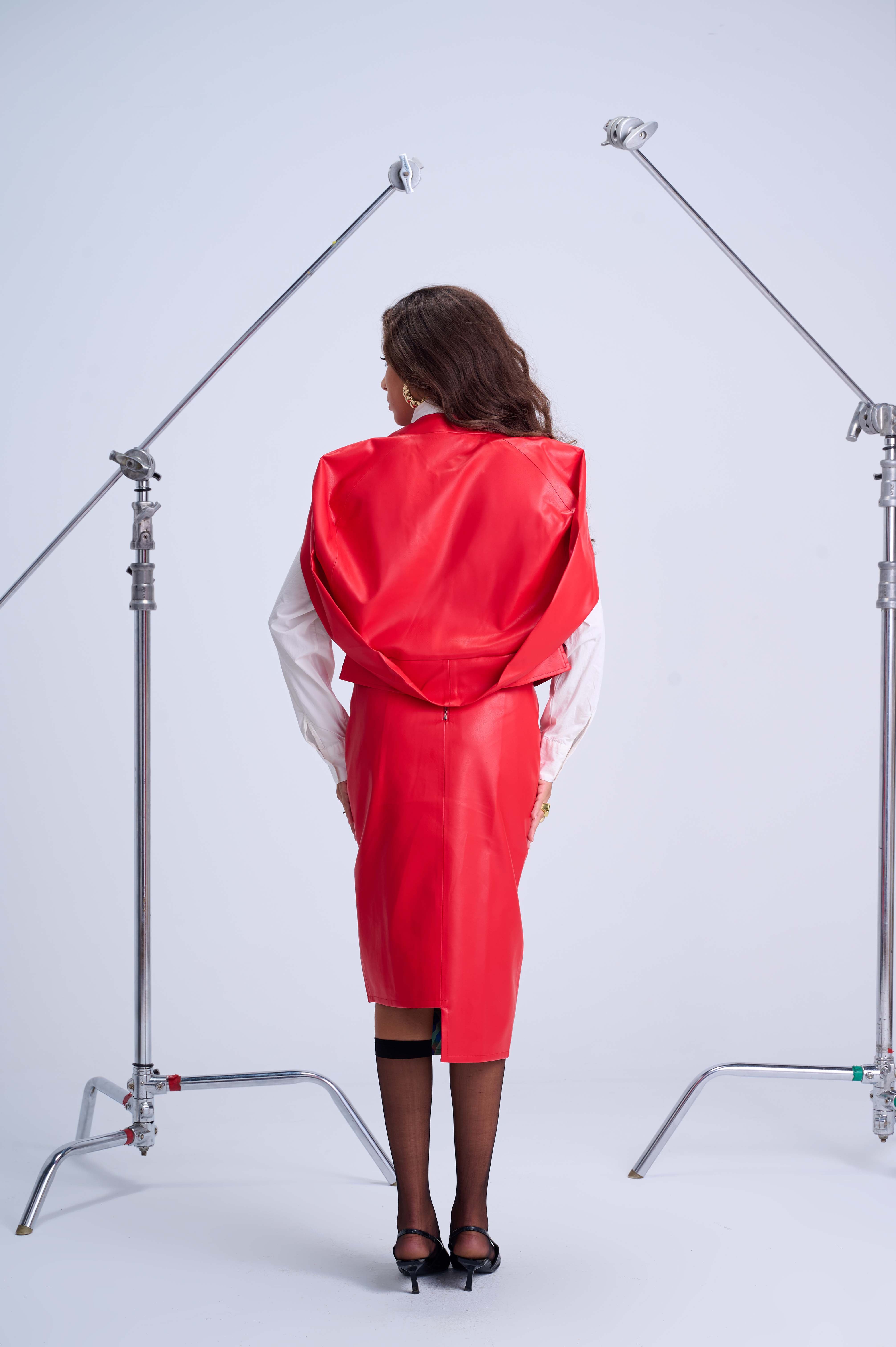 Cape Bomber Jacket — Bold Red Elegant Vegan Leather with Artistic Lined Interior