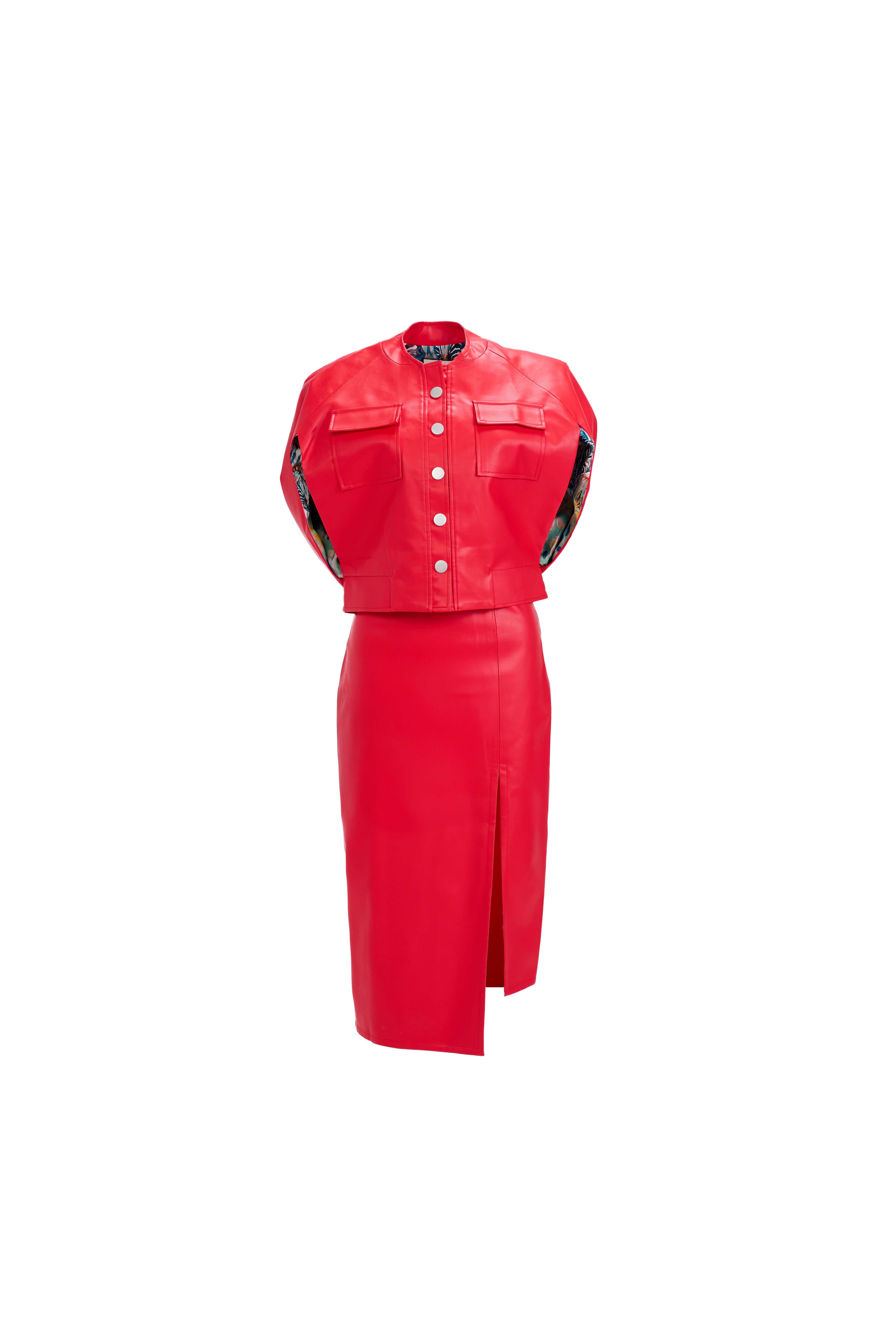 Cape Bomber Jacket — Bold Red Elegant Vegan Leather with Artistic Lined Interior