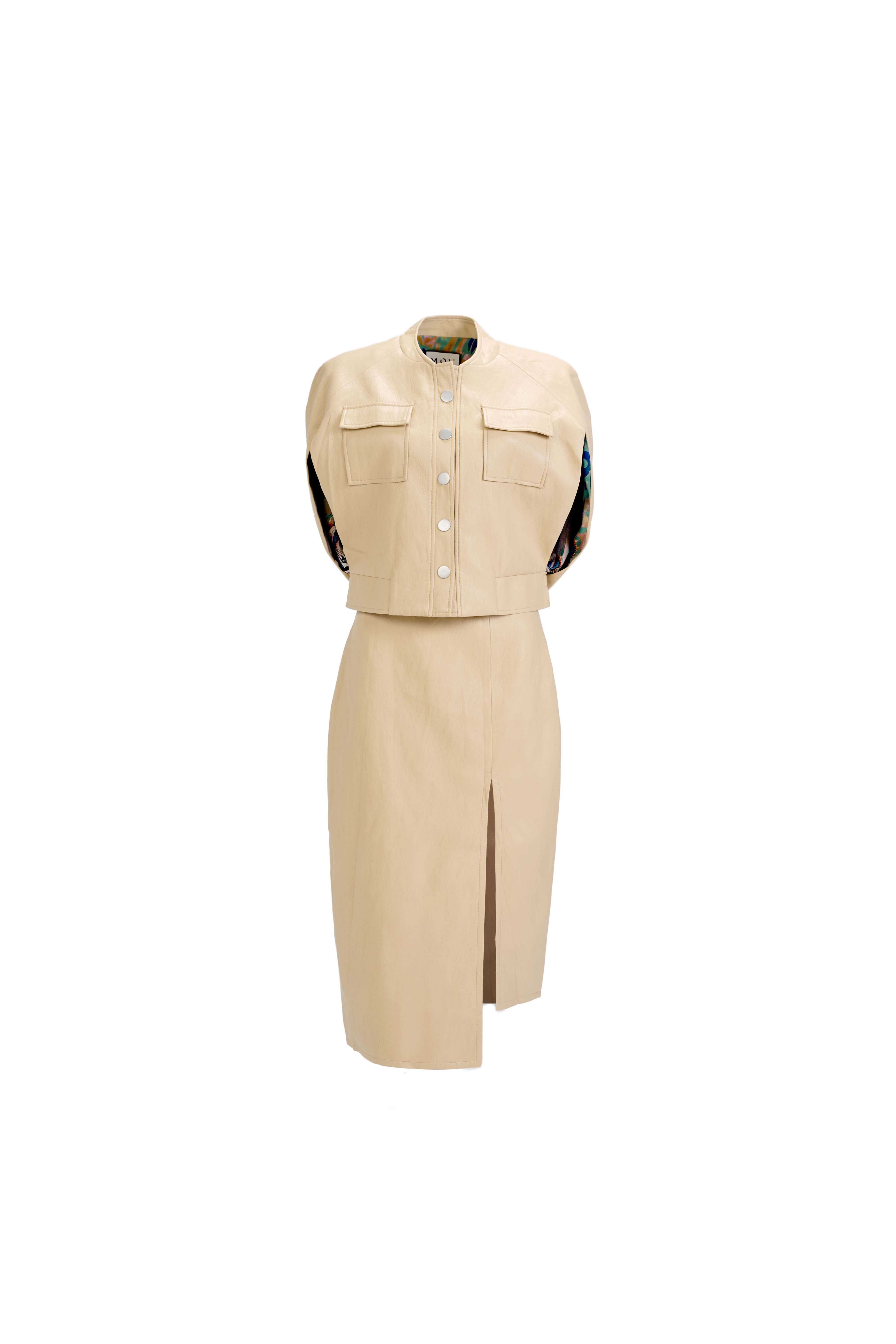 Cape Bomber Jacket — Ivory Elegant Vegan Leather with Artistic Lined Interior