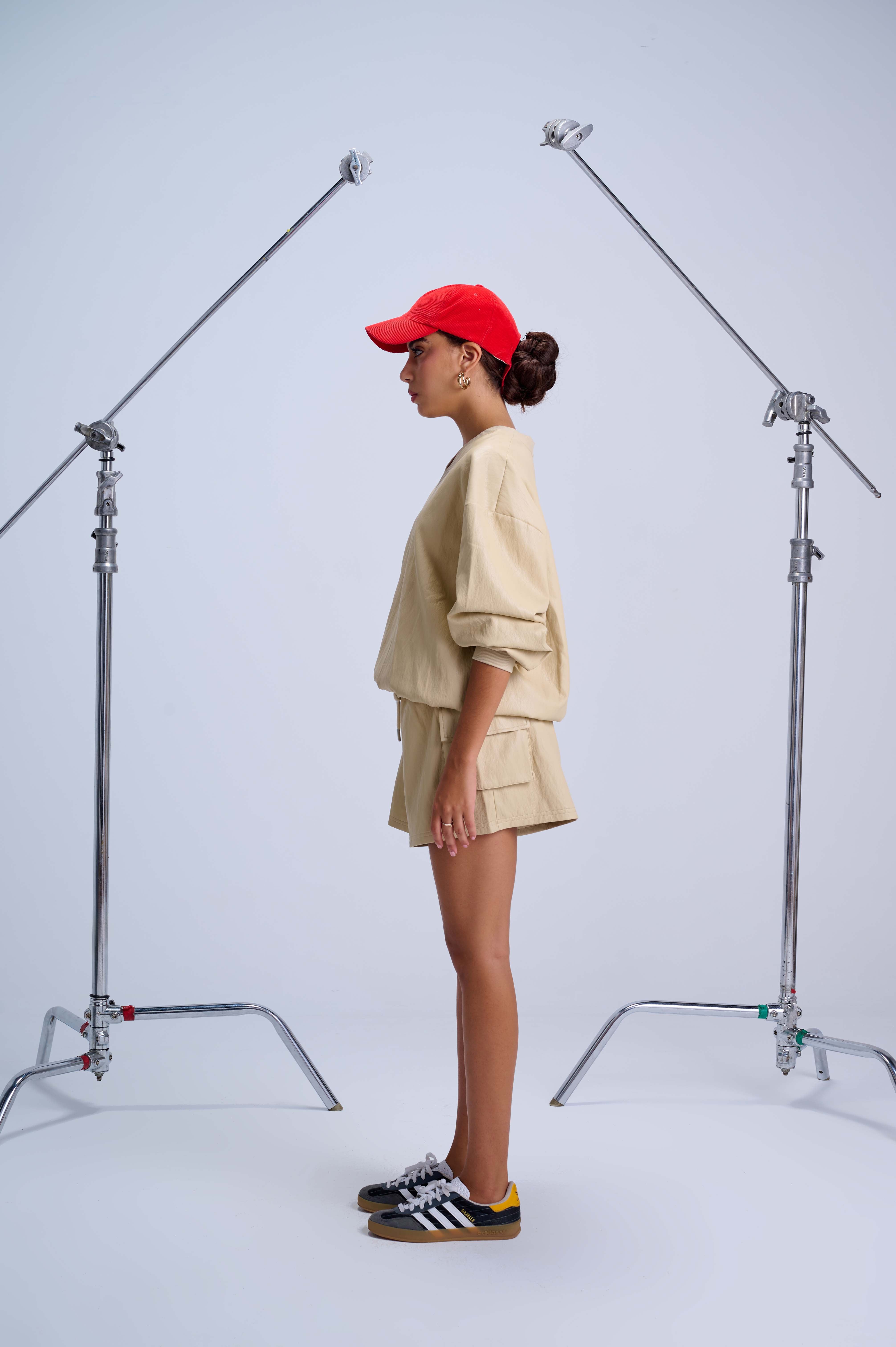 Cargo Shorts — Ivory Vegan Leather with Elastic Waistband