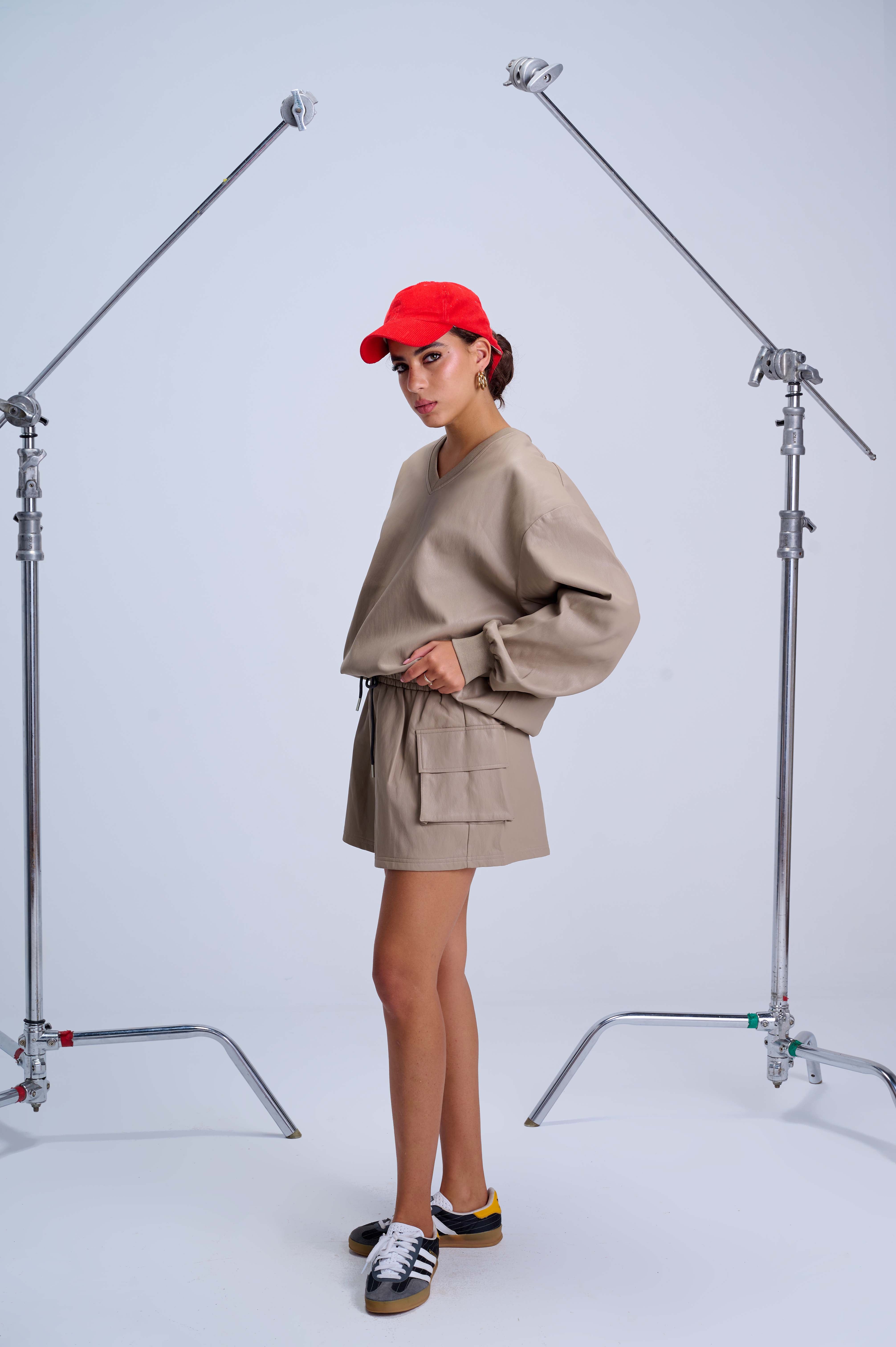 Cargo Shorts — Mocha Vegan Leather with Elastic Waistband