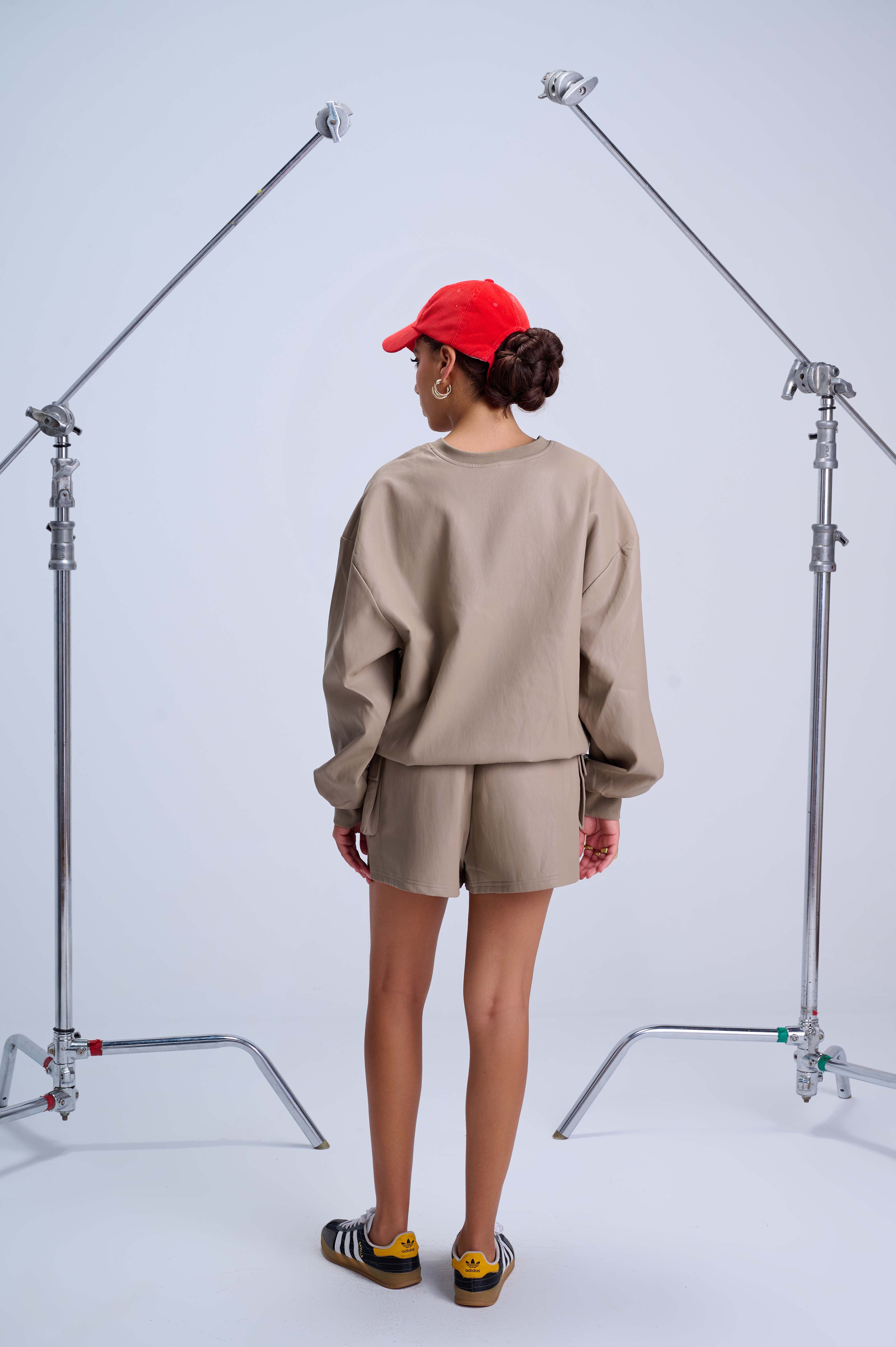 Cargo Shorts — Mocha Vegan Leather with Elastic Waistband