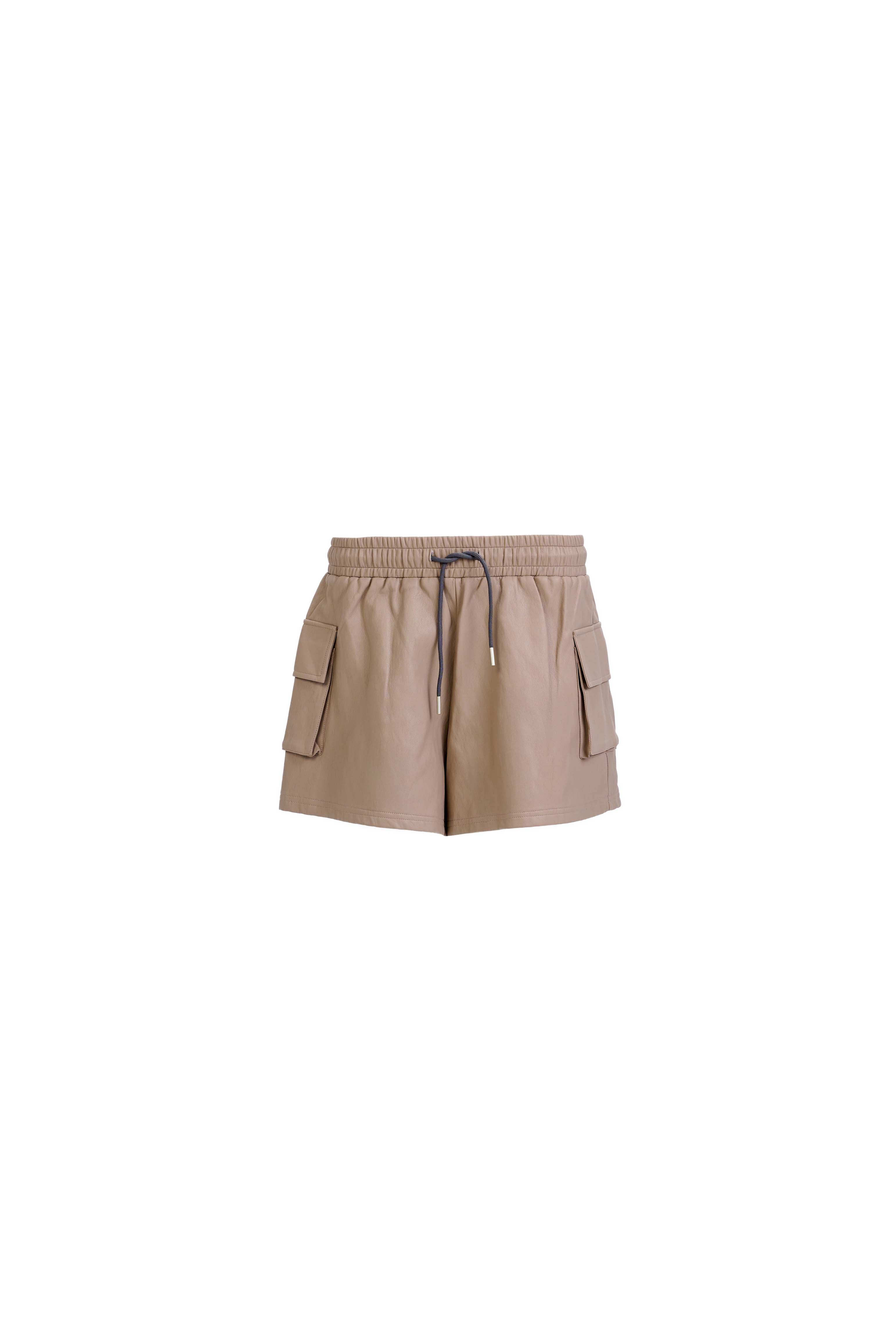 Cargo Shorts — Mocha Vegan Leather with Elastic Waistband