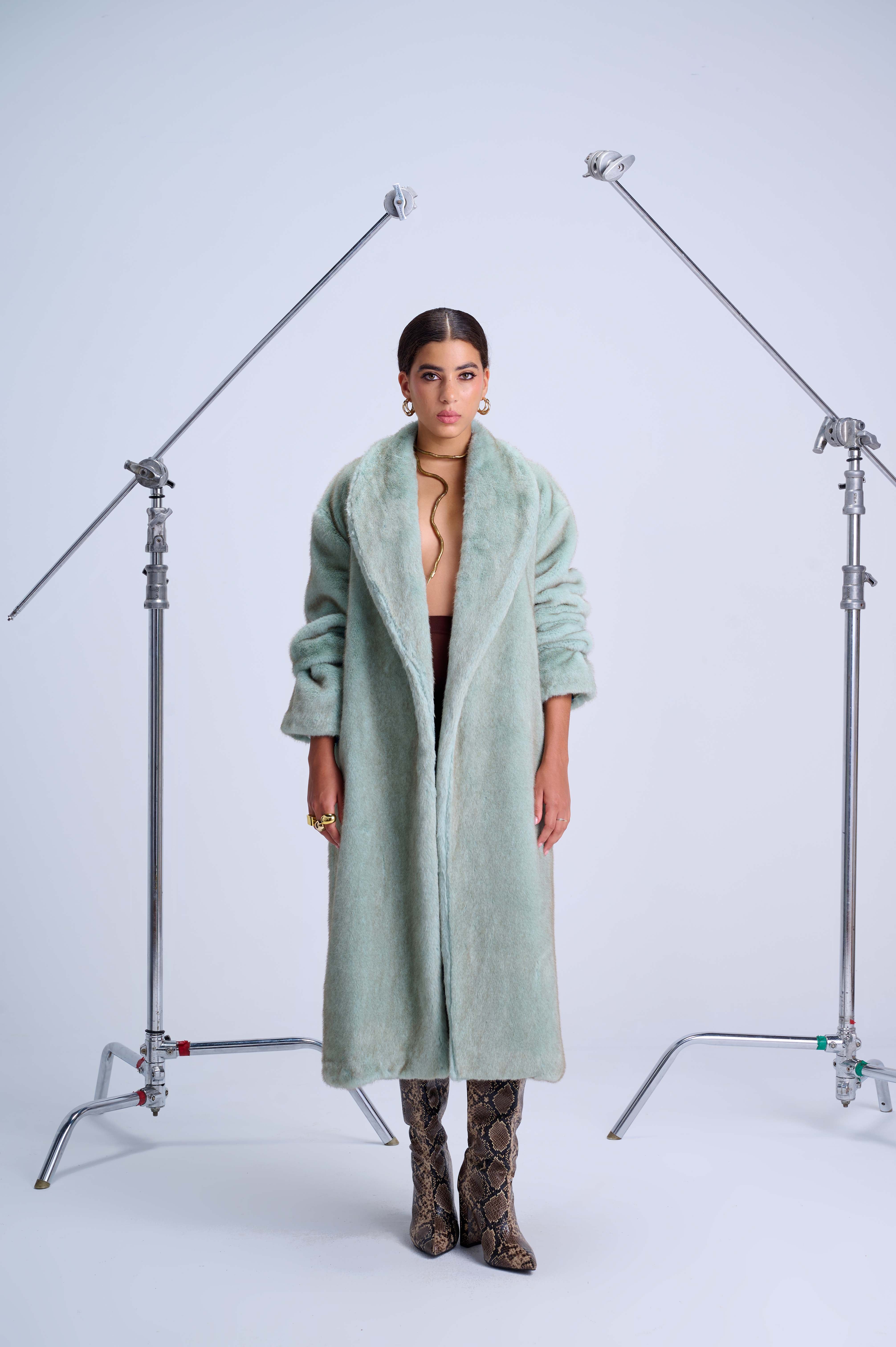 Dramatic Oversized Fur Coat — Vegan Fur with Wild Artistic Lining in Light Blue