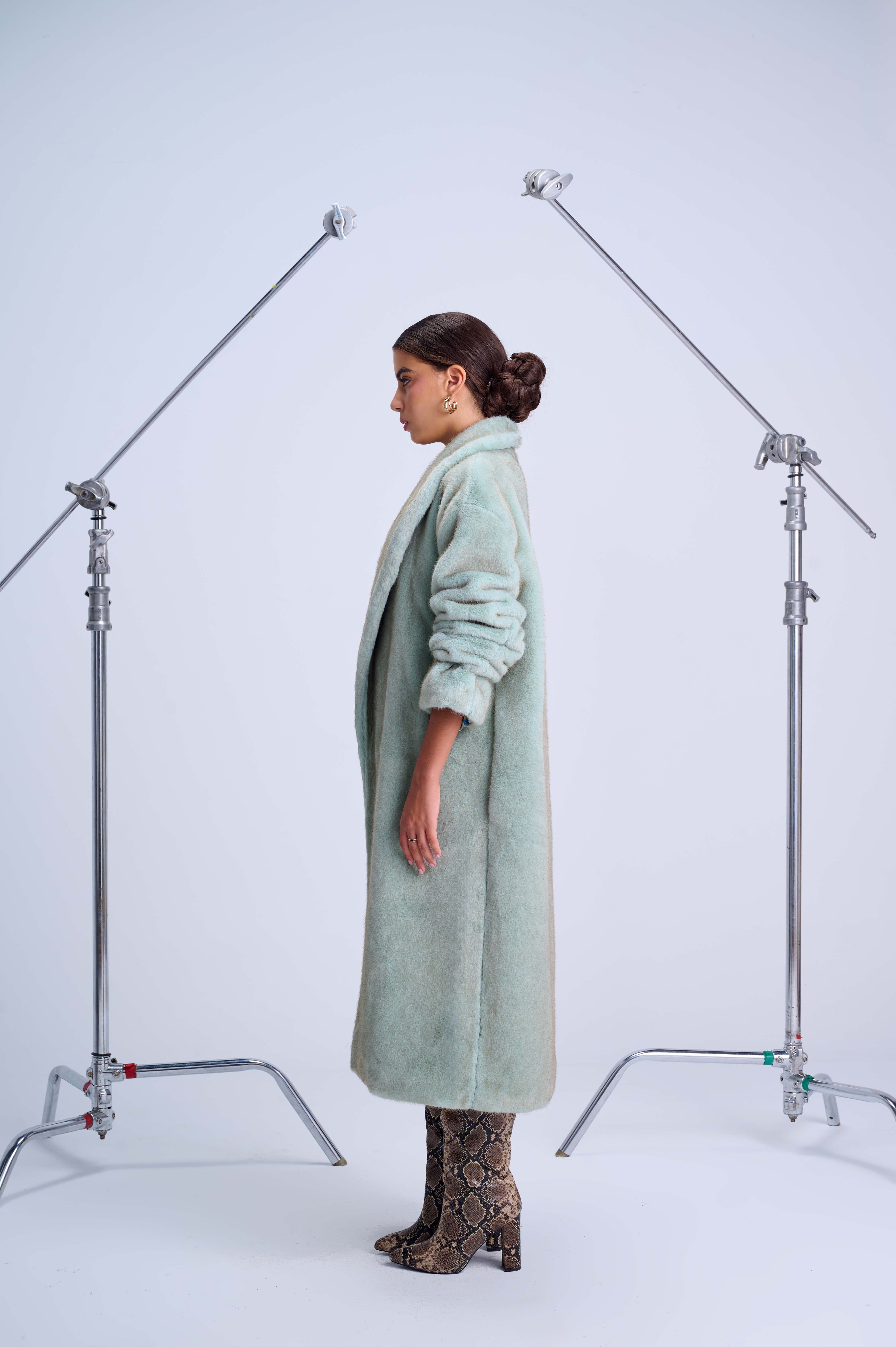 Dramatic Oversized Fur Coat — Vegan Fur with Wild Artistic Lining in Light Blue