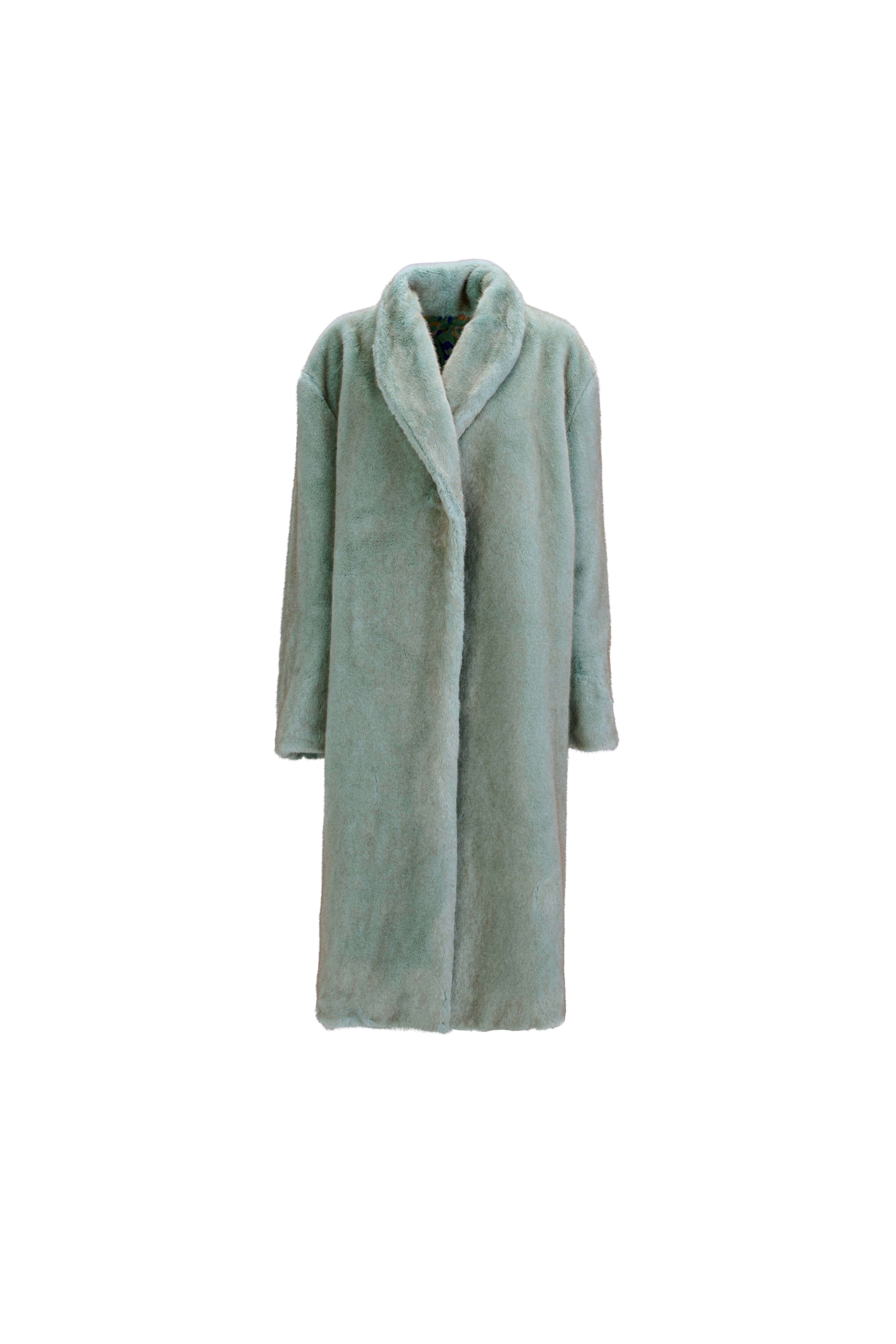 Dramatic Oversized Fur Coat — Vegan Fur with Wild Artistic Lining in Light Blue