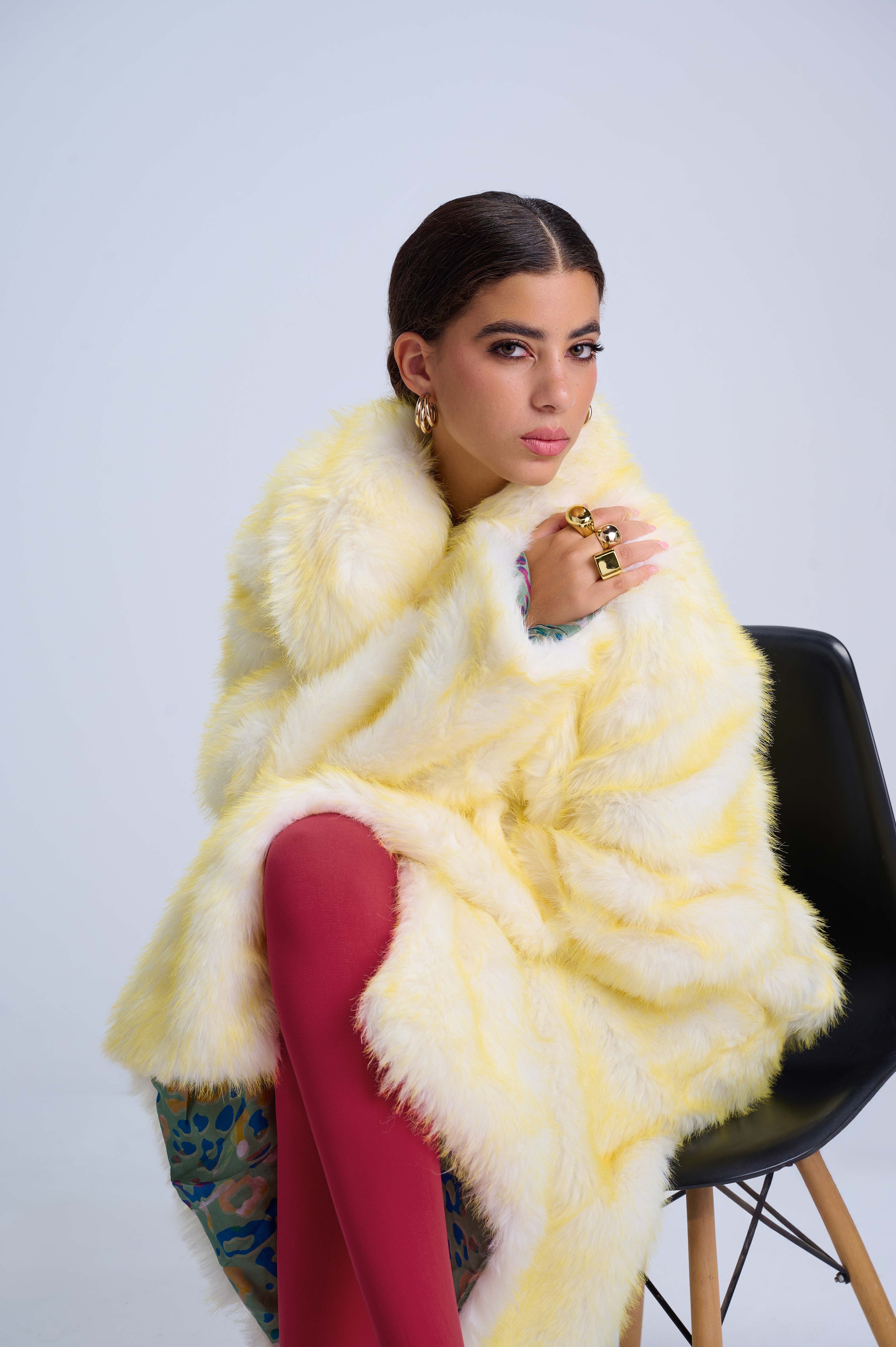 Dramatic Oversized Fur Coat — Vegan Fur with Wild Artistic Lining in Daring Yellow