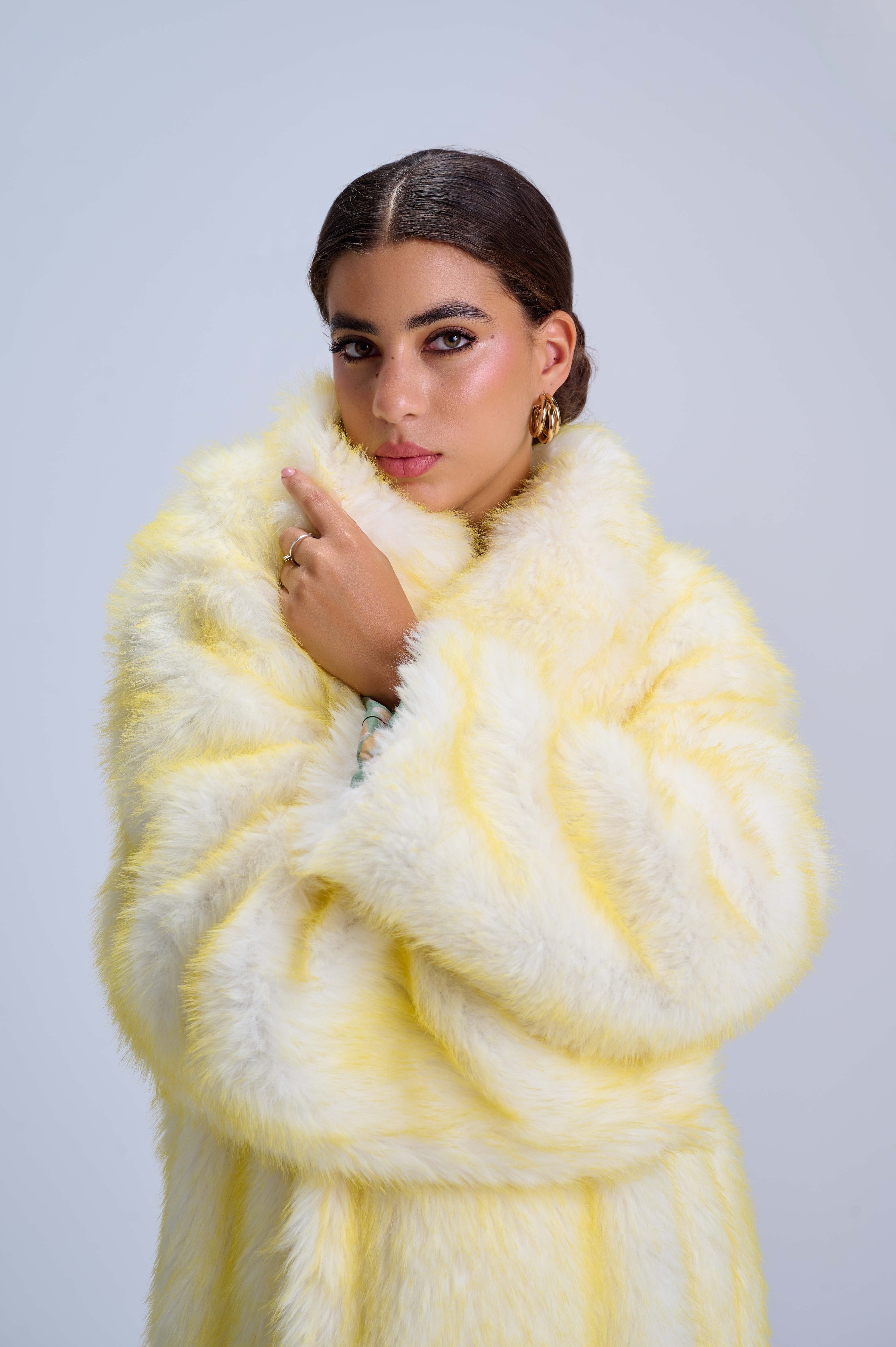 Dramatic Oversized Fur Coat — Vegan Fur with Wild Artistic Lining in Daring Yellow