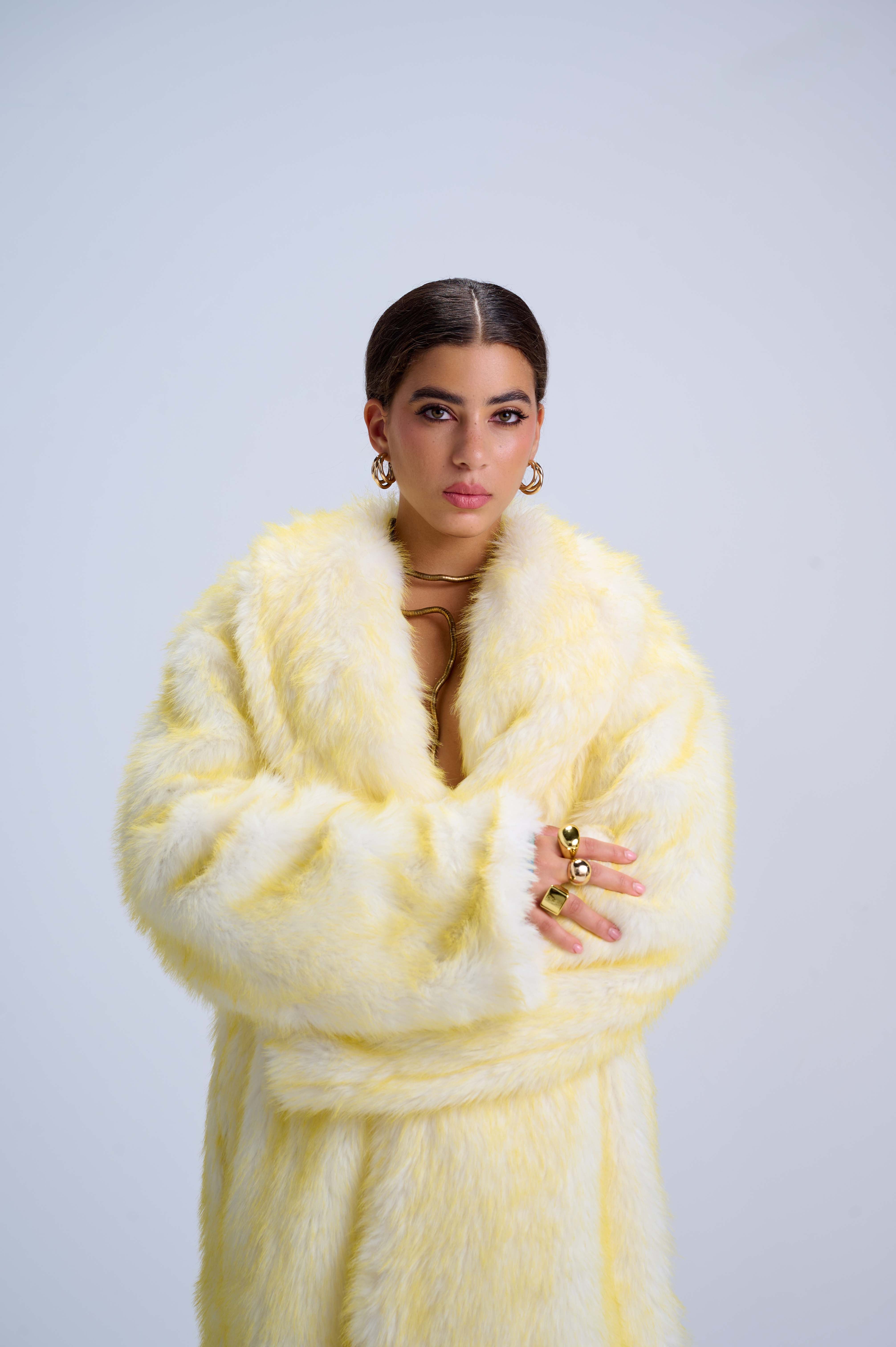 Dramatic Oversized Fur Coat — Vegan Fur with Wild Artistic Lining in Daring Yellow