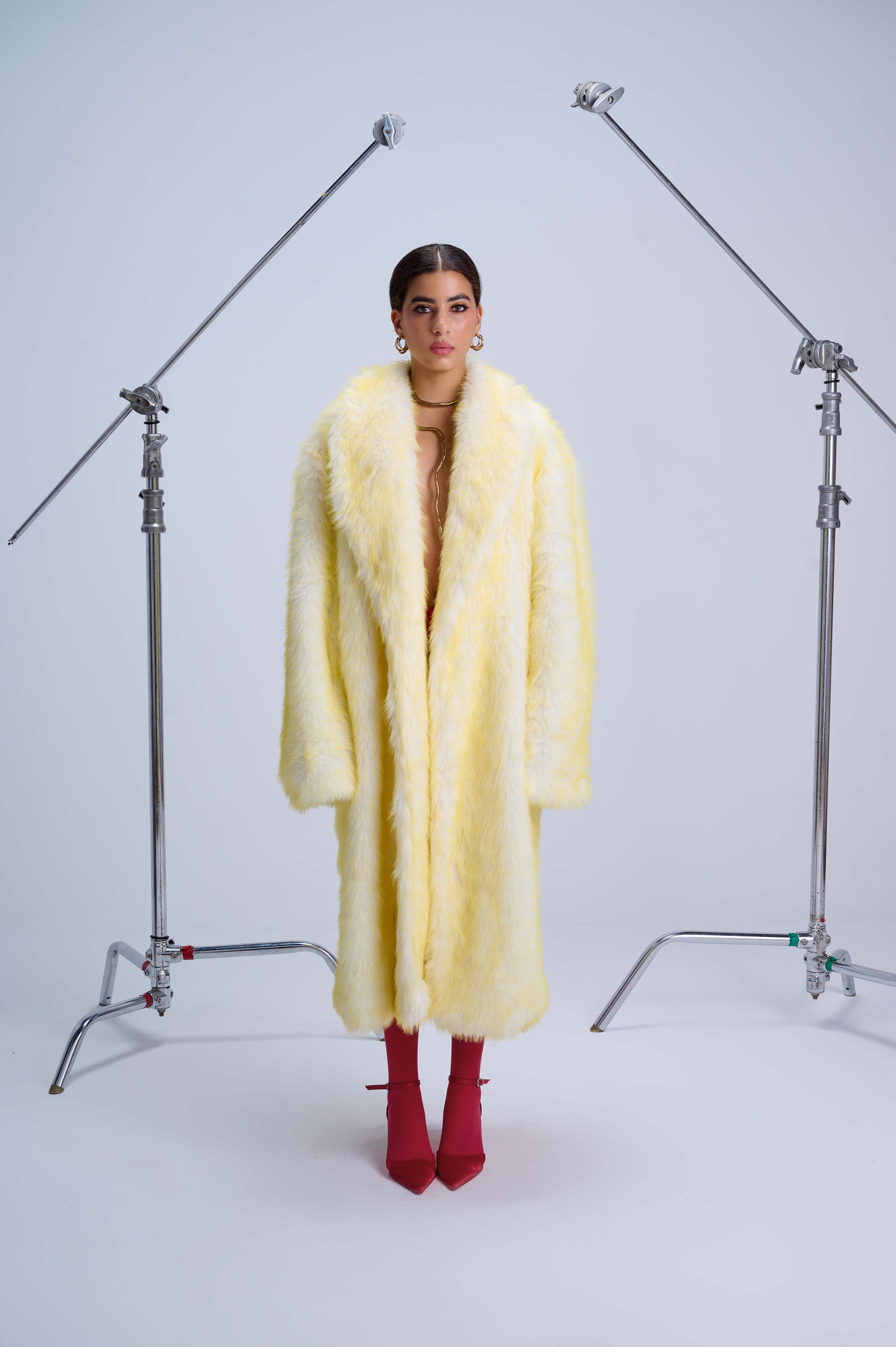 Dramatic Oversized Fur Coat — Vegan Fur with Wild Artistic Lining in Daring Yellow