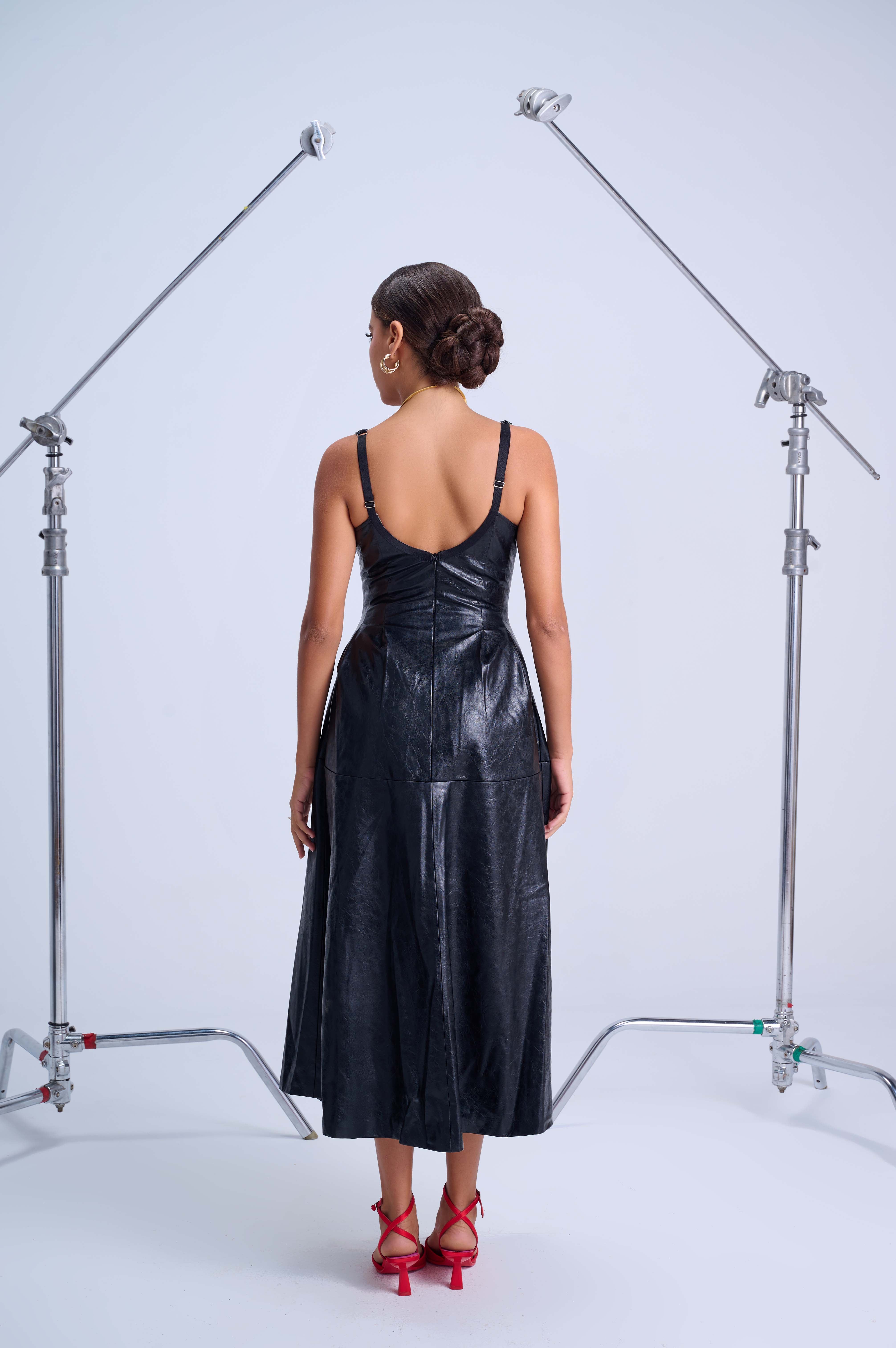 Midi Slit Black Dress — Structured Bustier with Flared Skirt in Vegan Leather