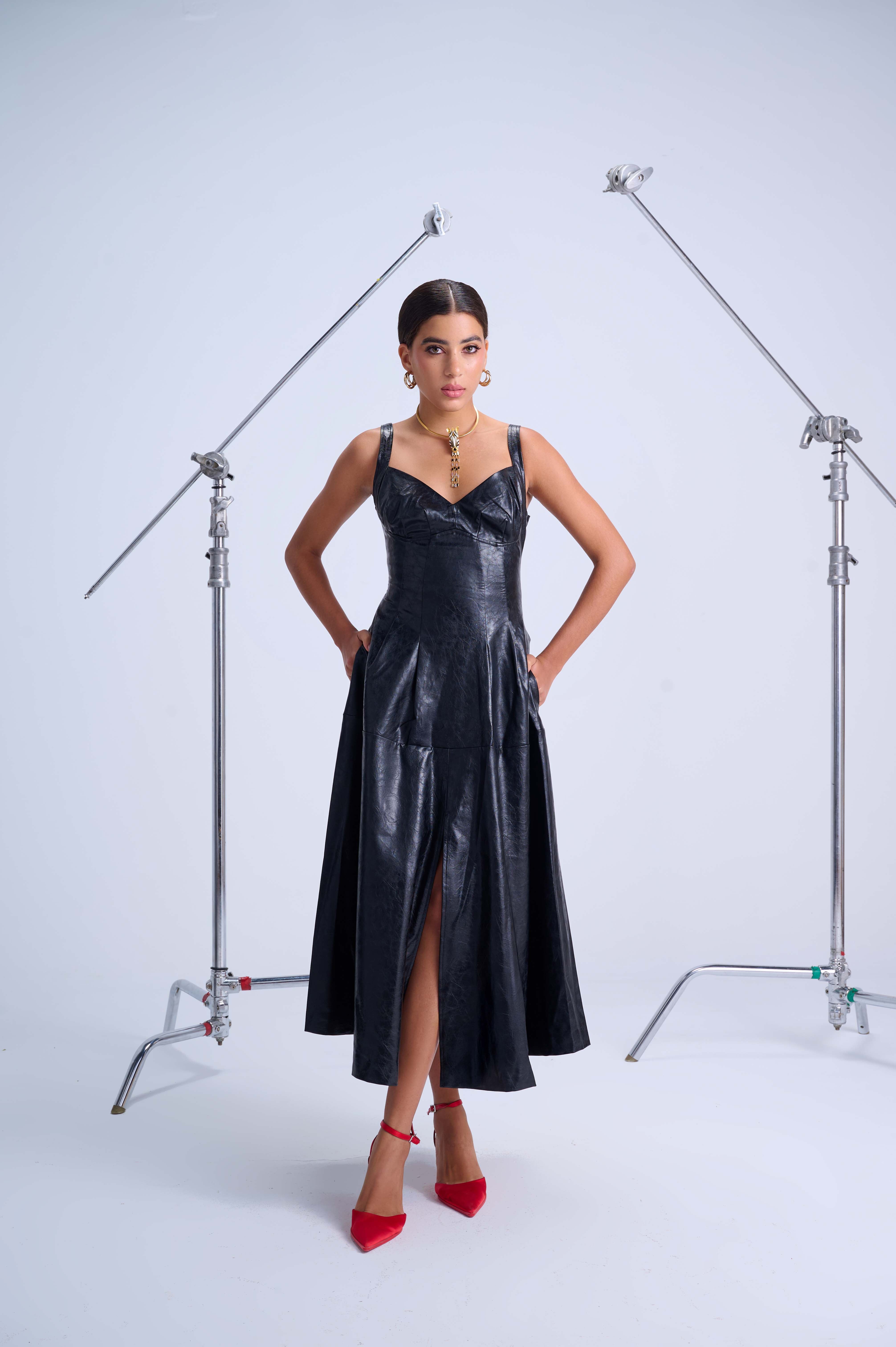 Midi Slit Black Dress — Structured Bustier with Flared Skirt in Vegan Leather