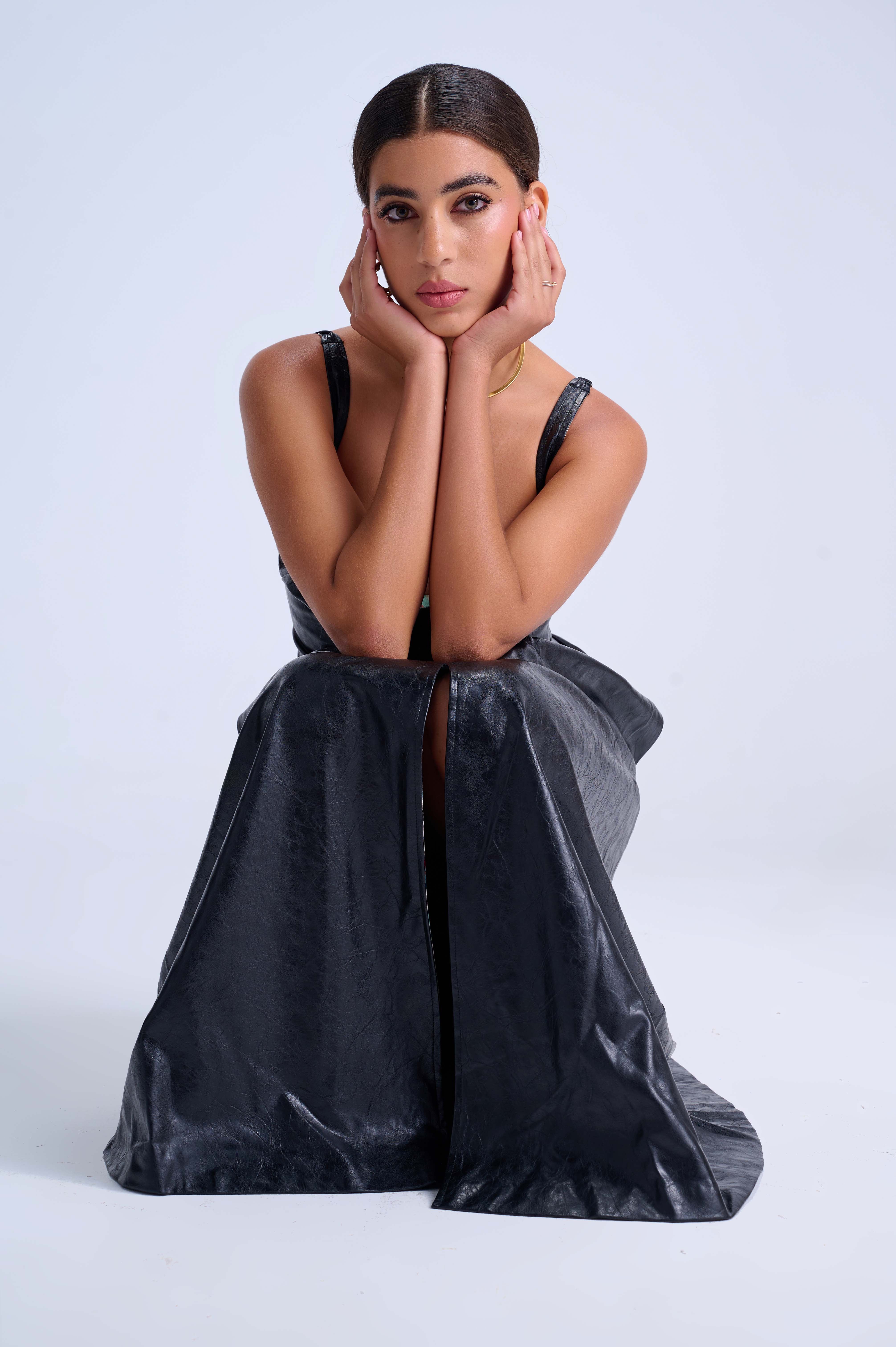 Midi Slit Black Dress — Structured Bustier with Flared Skirt in Vegan Leather