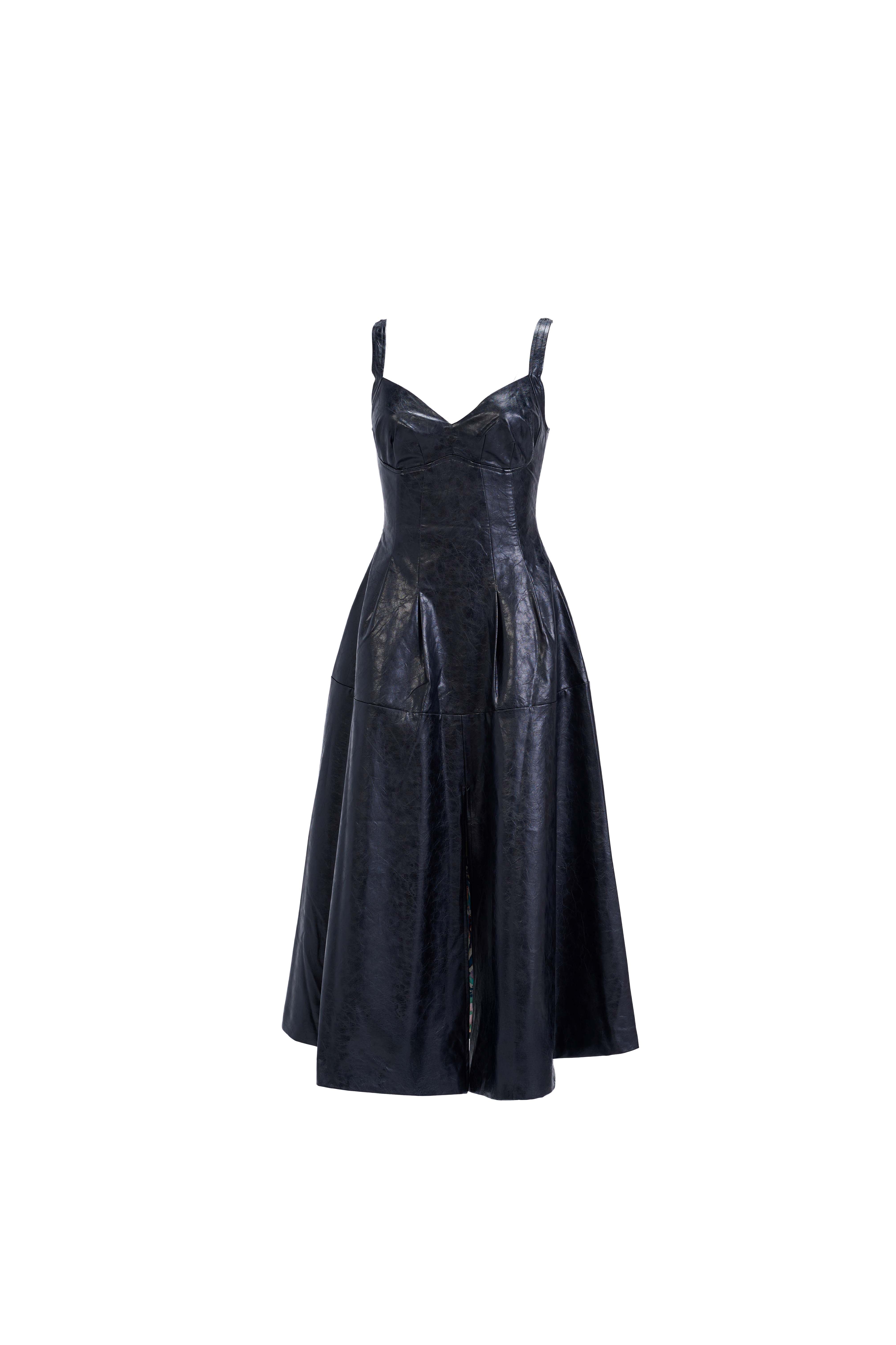 Midi Slit Black Dress — Structured Bustier with Flared Skirt in Vegan Leather