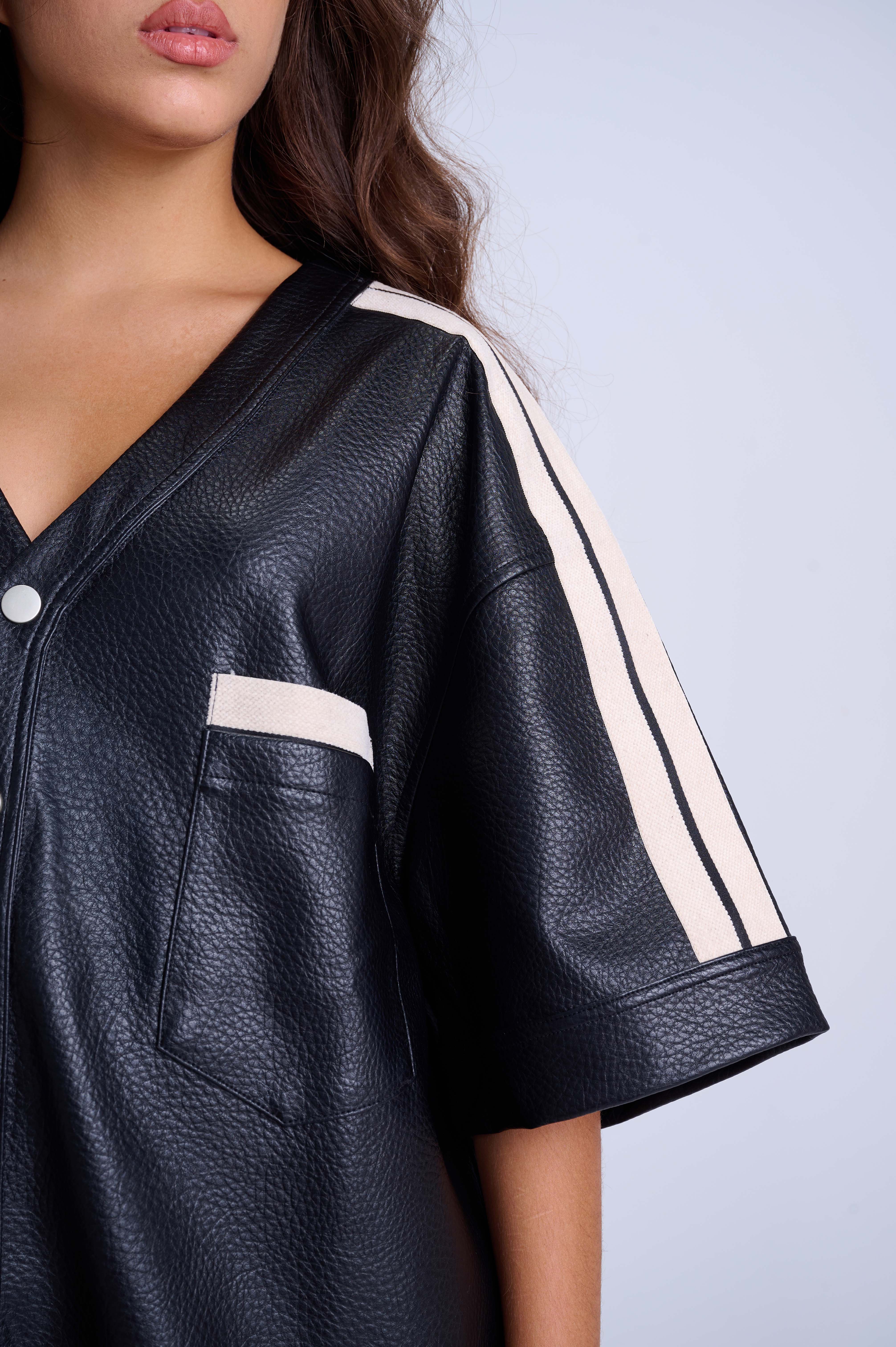 Oversized Over-Shirt — Black Short-Sleeve Vegan Leather with Side Stripe Detail
