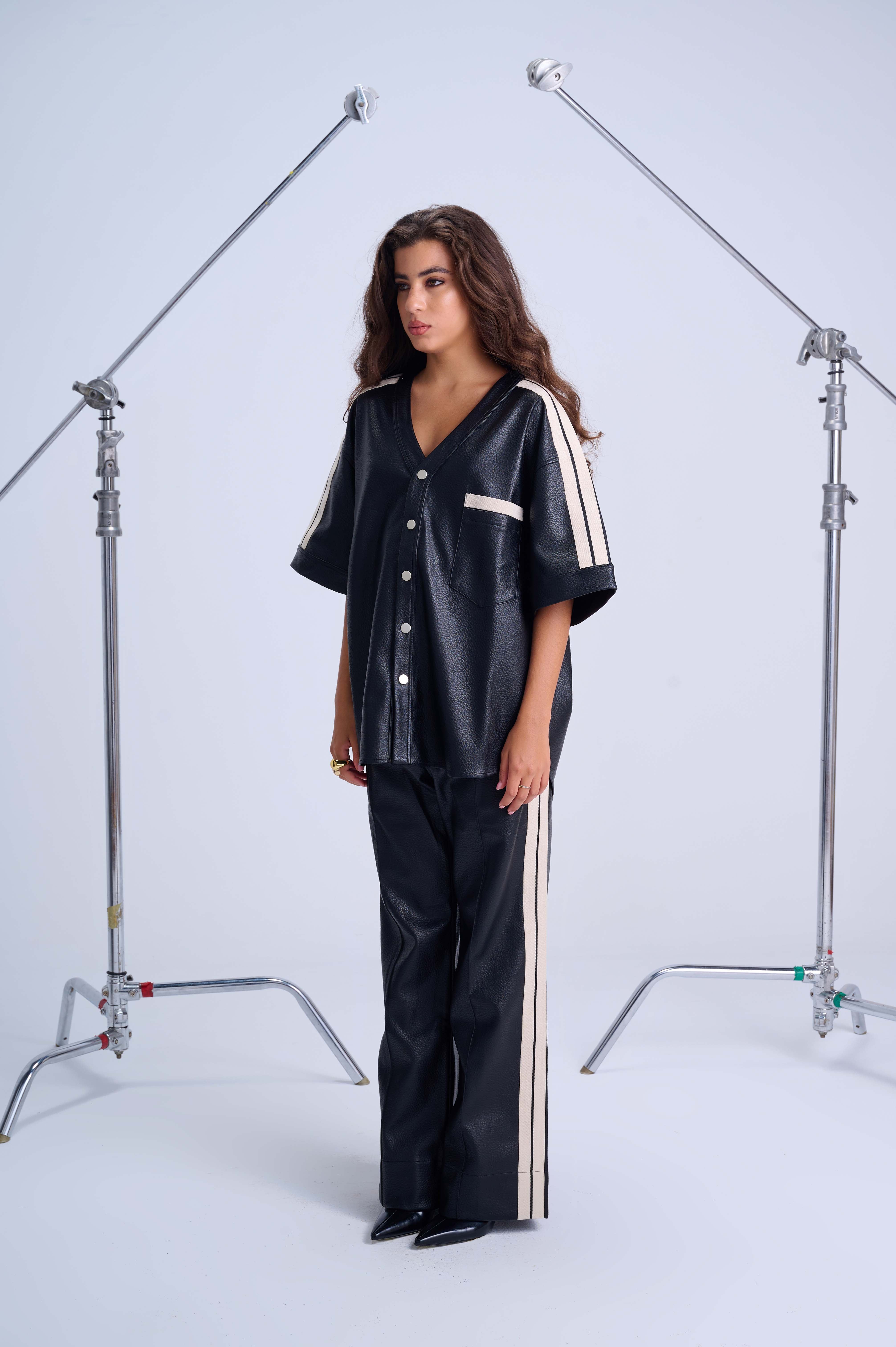 Oversized Over-Shirt — Black Short-Sleeve Vegan Leather with Side Stripe Detail