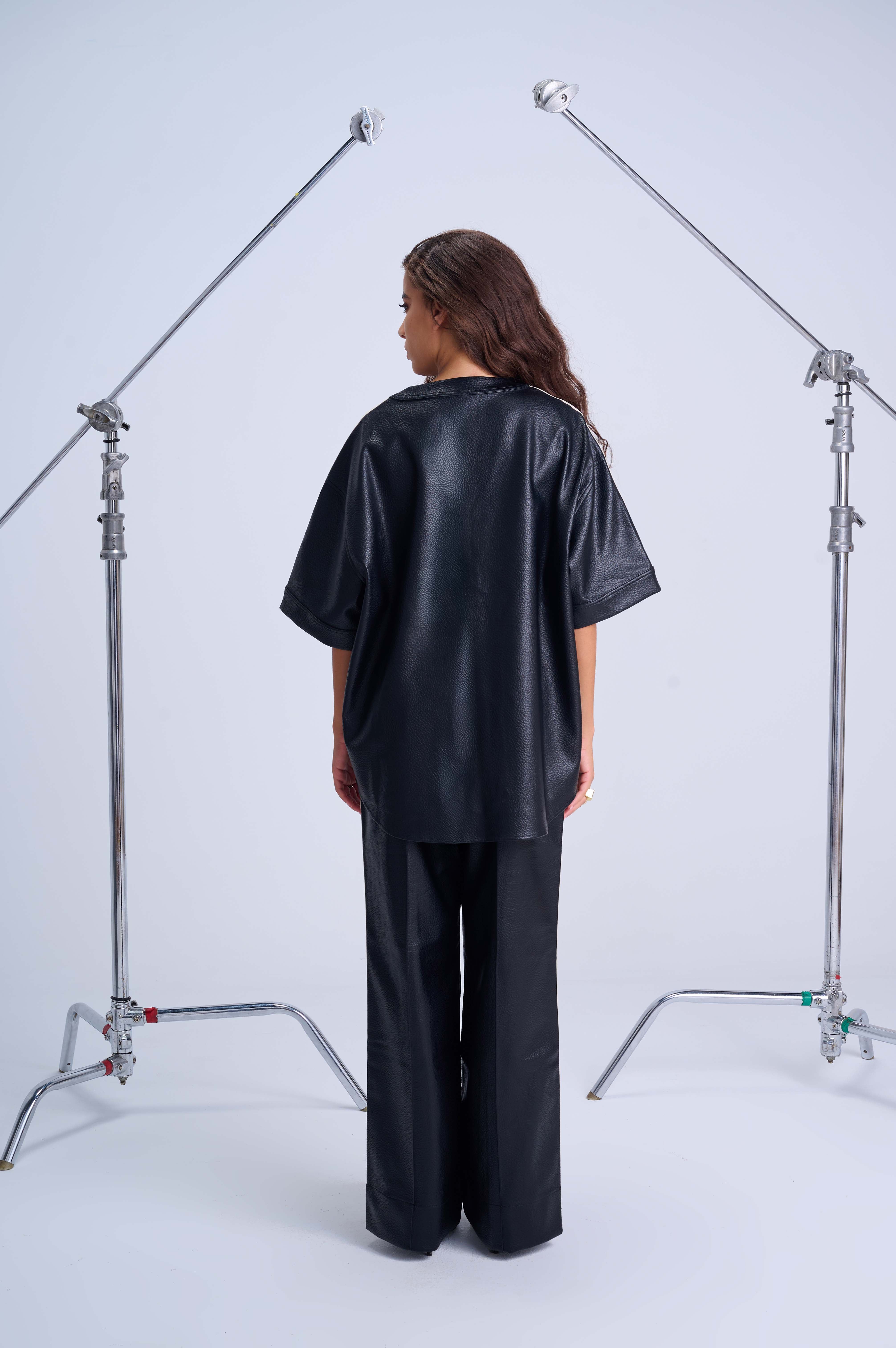 Oversized Over-Shirt — Black Short-Sleeve Vegan Leather with Side Stripe Detail