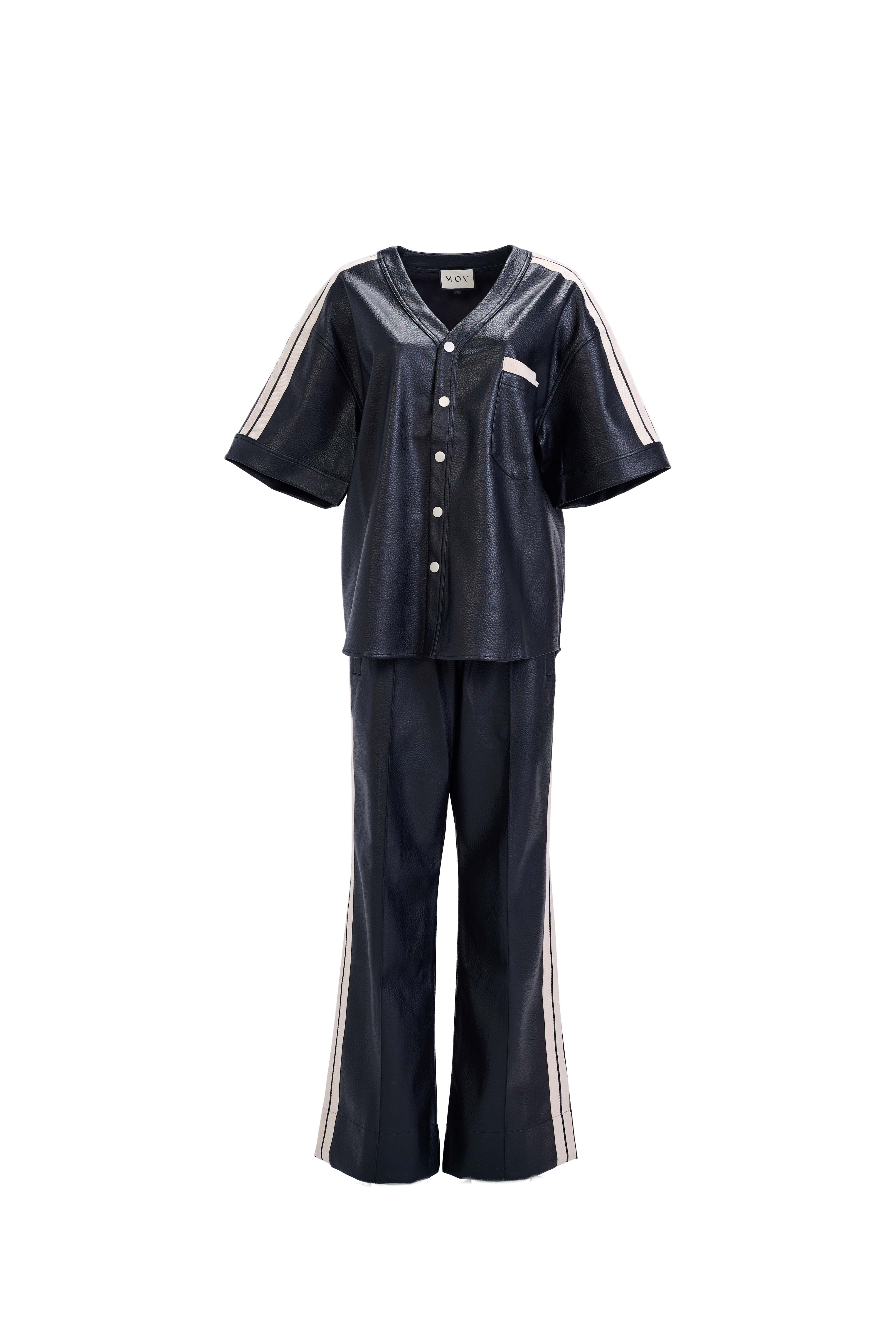 Oversized Over-Shirt — Black Short-Sleeve Vegan Leather with Side Stripe Detail