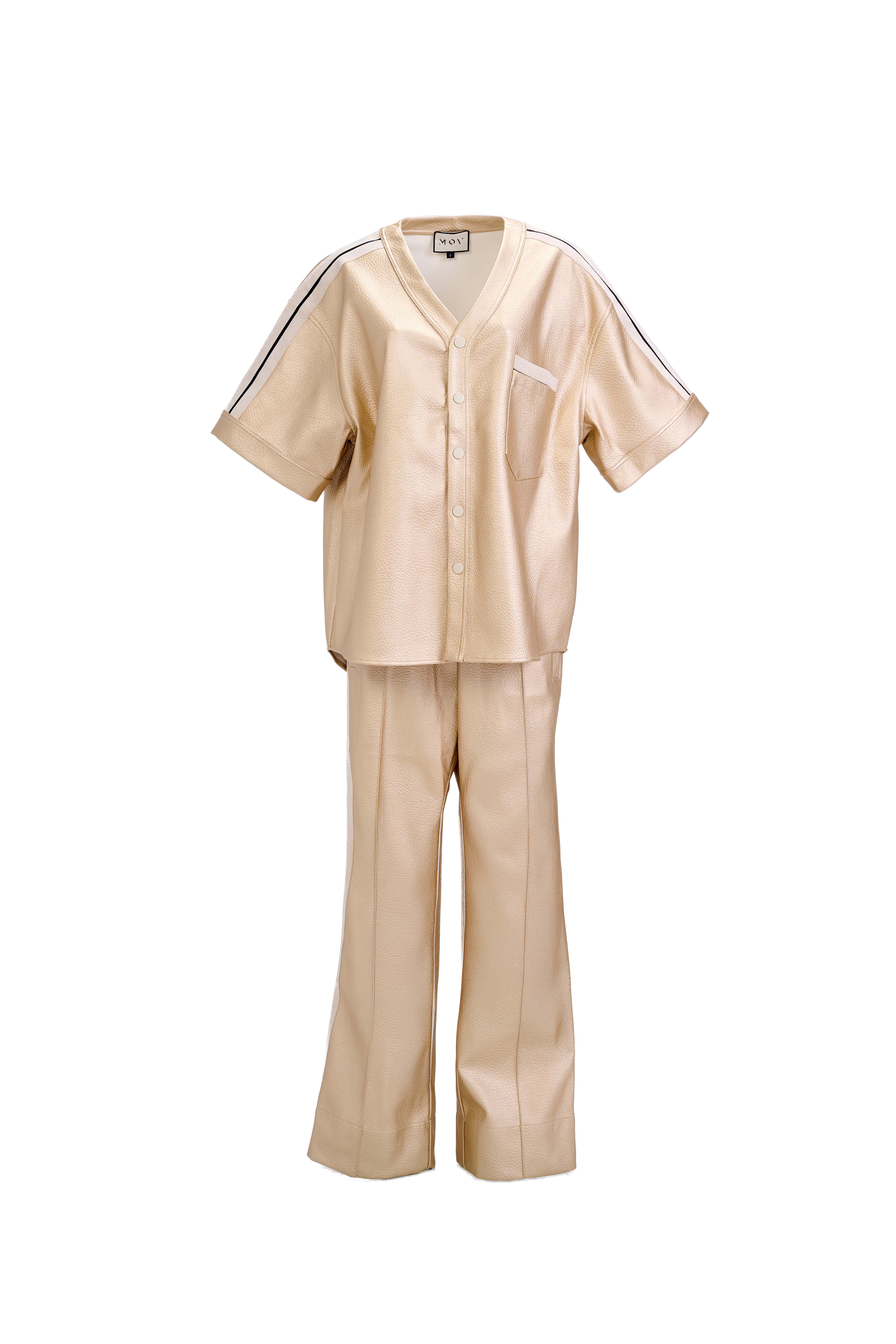 Oversized Over-Shirt — Gold Short-Sleeve Vegan Leather with Side Stripe Detail