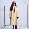 Oversized Trench Coat — Ivory Yellow Lined Vegan Leather with Artistic Wild Print Interior