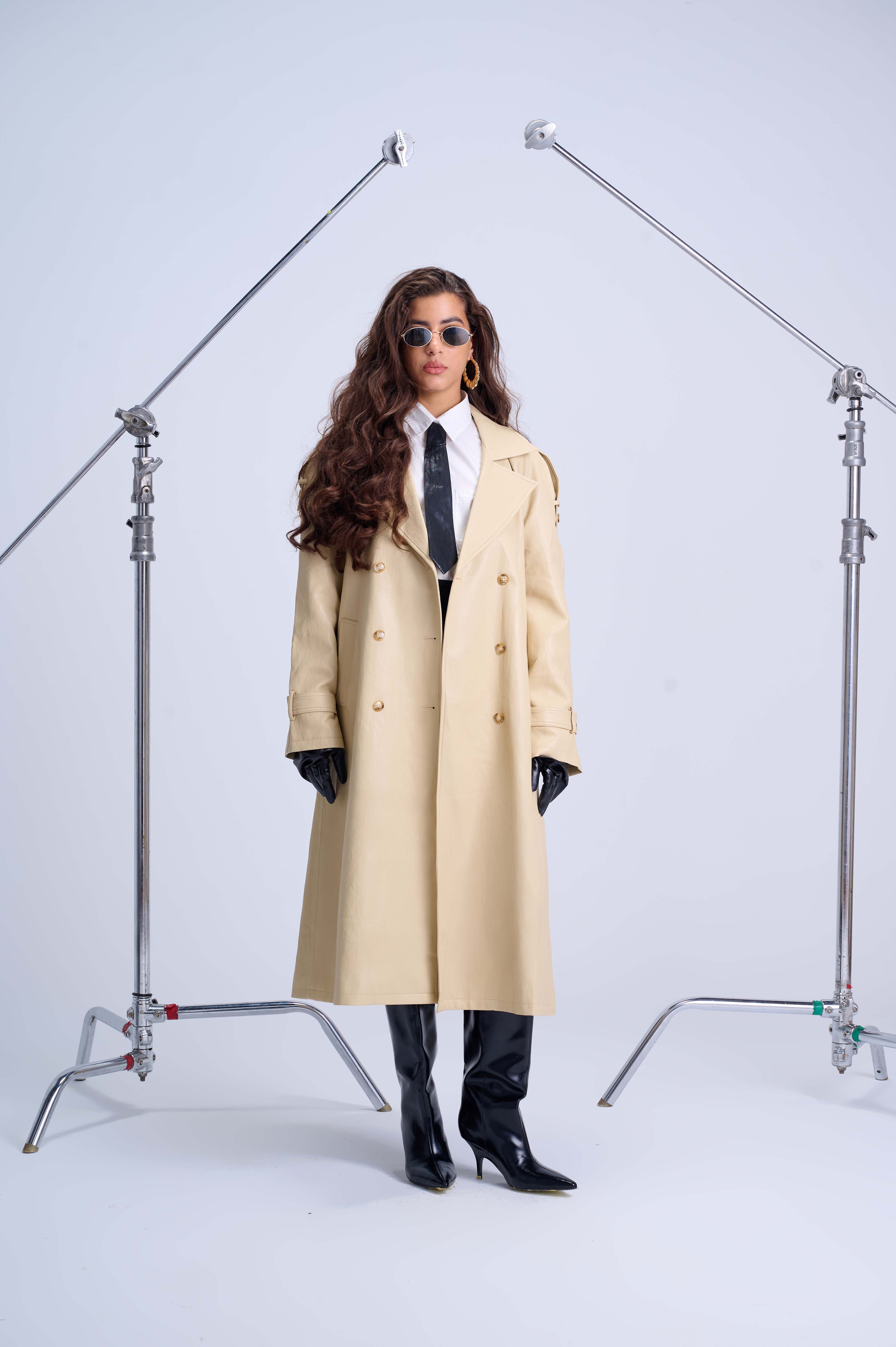 Oversized Trench Coat — Ivory Yellow Lined Vegan Leather with Artistic Wild Print Interior