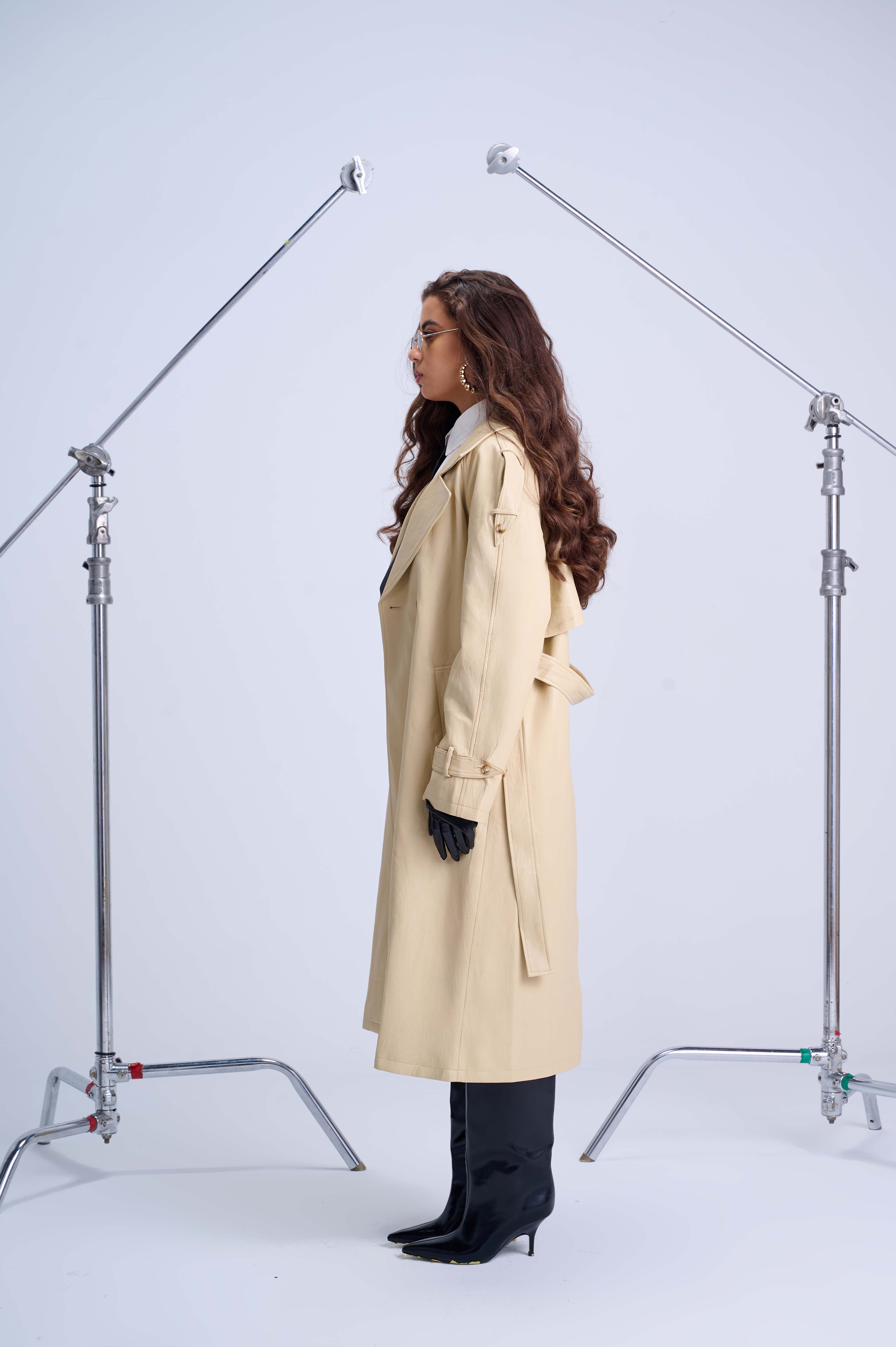 Oversized Trench Coat — Ivory Yellow Lined Vegan Leather with Artistic Wild Print Interior