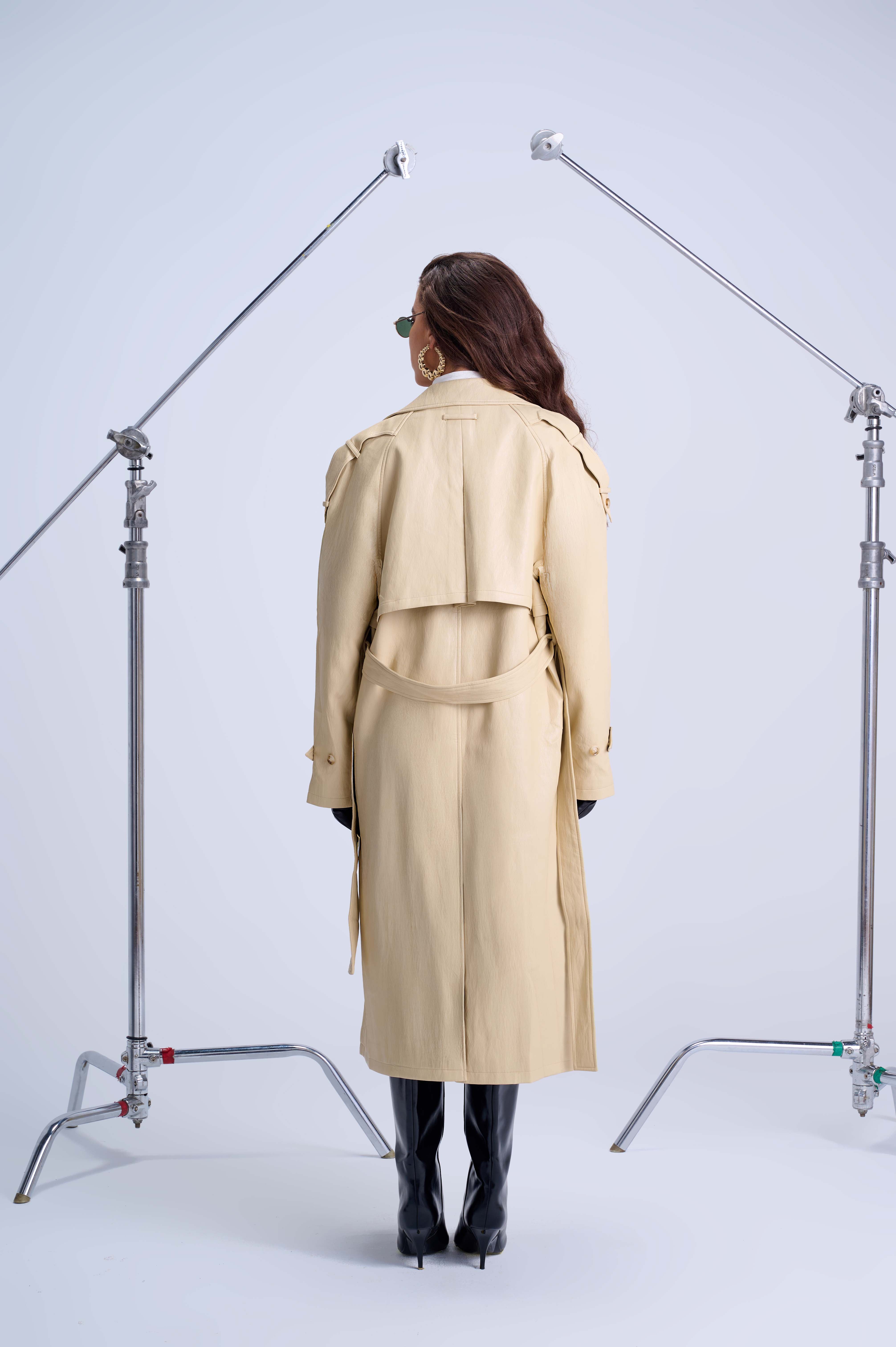 Oversized Trench Coat — Ivory Yellow Lined Vegan Leather with Artistic Wild Print Interior