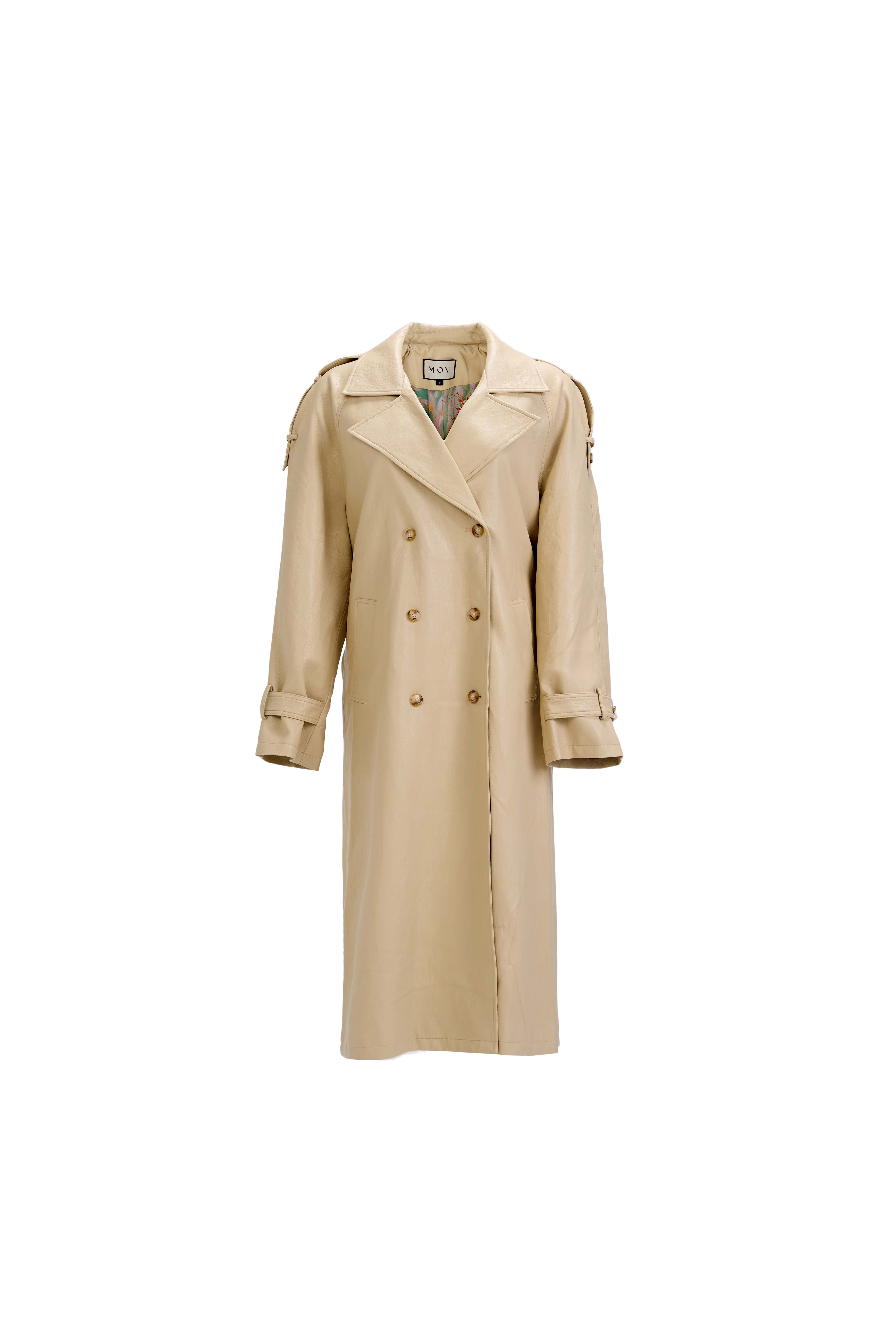 Oversized Trench Coat — Ivory Yellow Lined Vegan Leather with Artistic Wild Print Interior