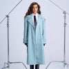 Oversized Trench Coat — Retro Blue Lined Vegan Leather with Artistic Wild Print Interior