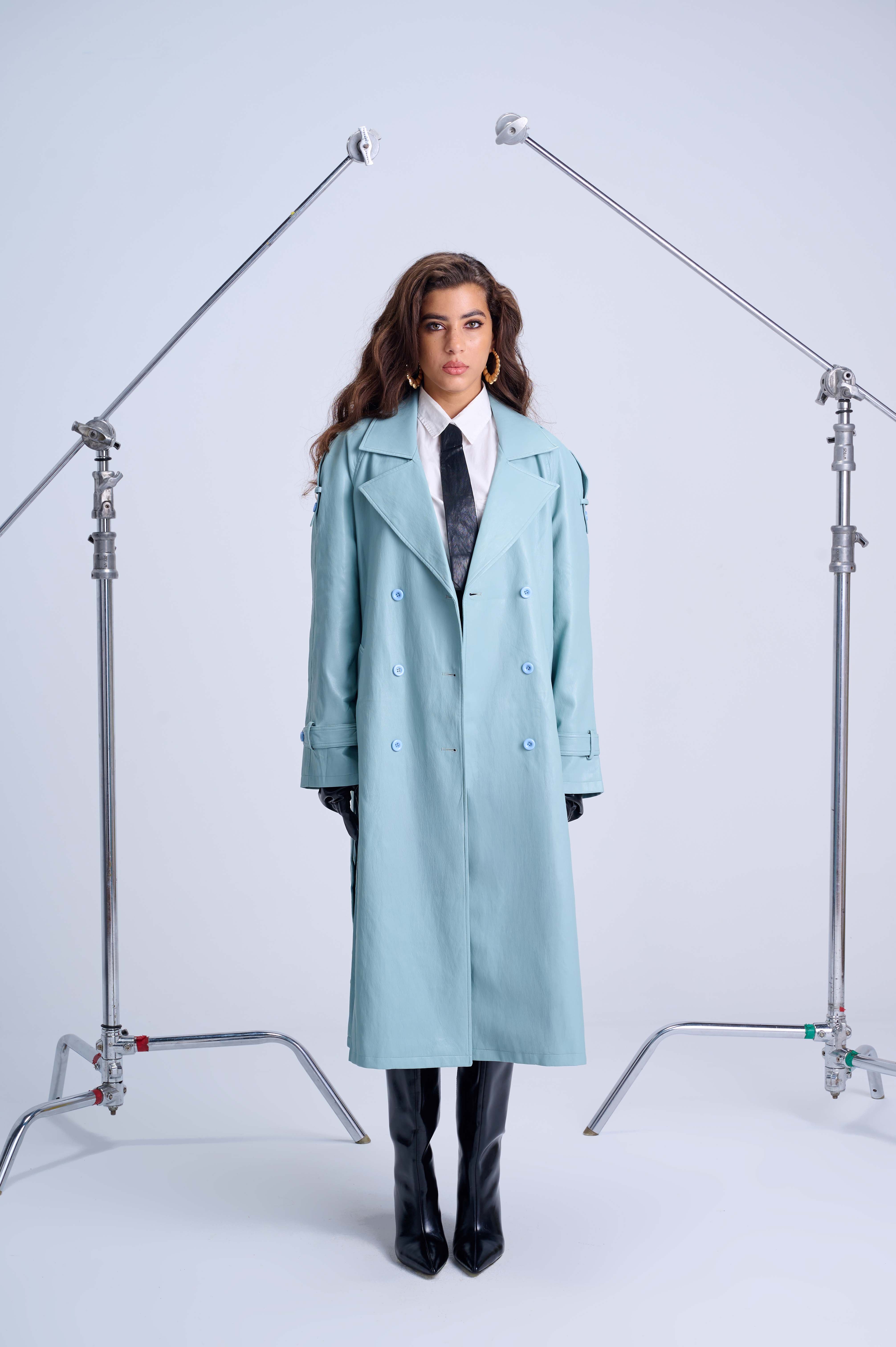 Oversized Trench Coat — Retro Blue Lined Vegan Leather with Artistic Wild Print Interior