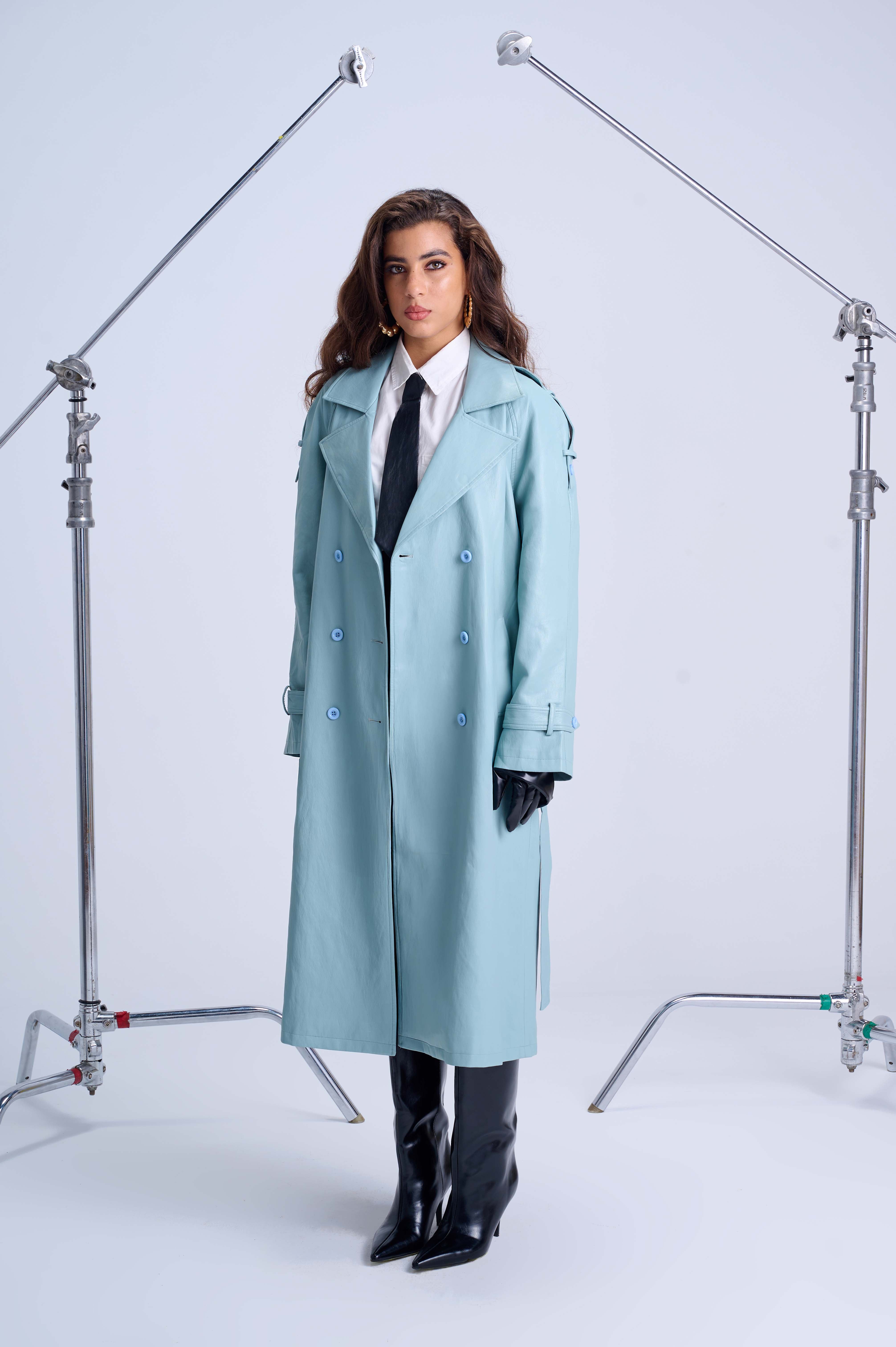 Oversized Trench Coat — Retro Blue Lined Vegan Leather with Artistic Wild Print Interior
