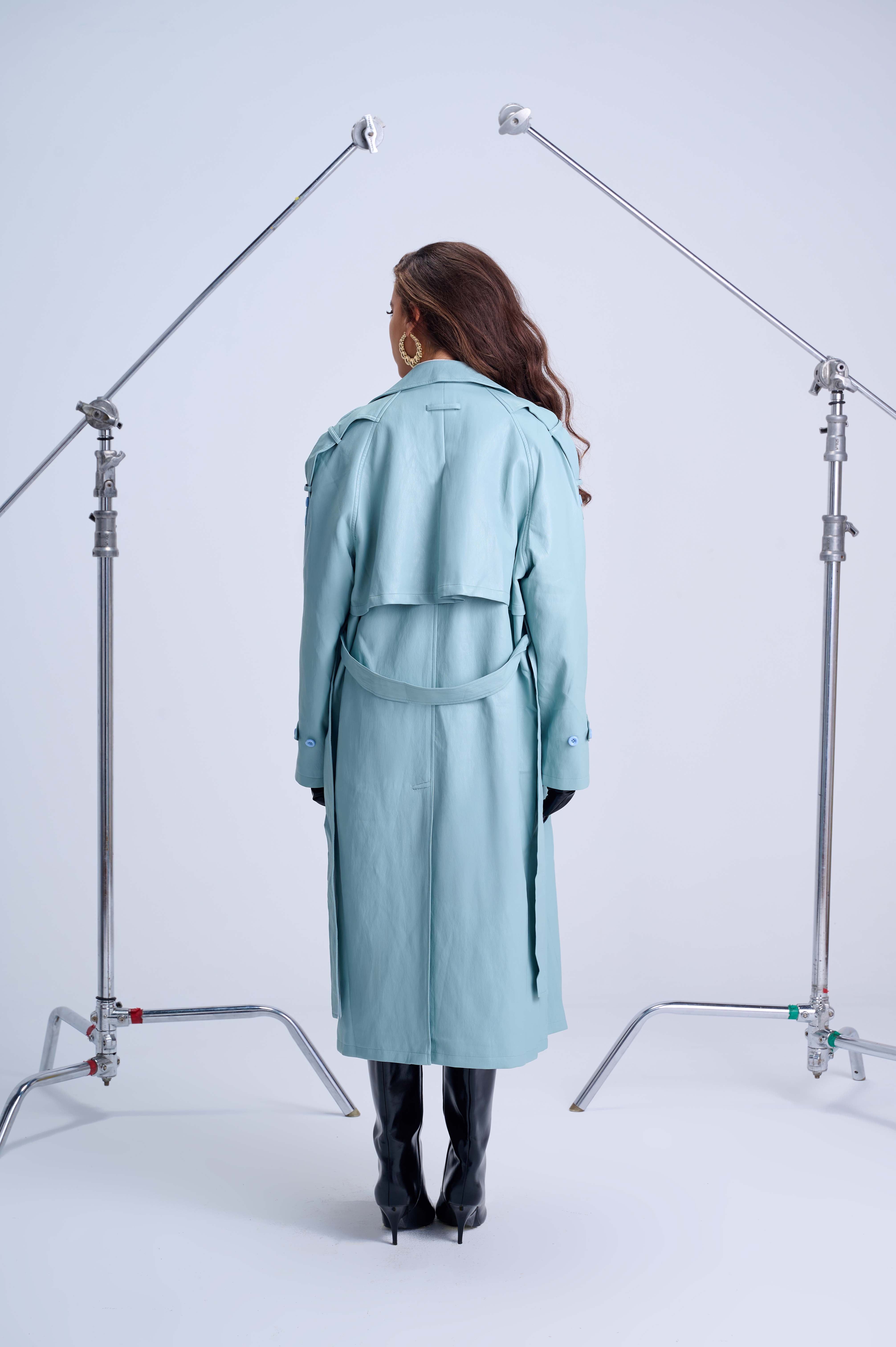 Oversized Trench Coat — Retro Blue Lined Vegan Leather with Artistic Wild Print Interior