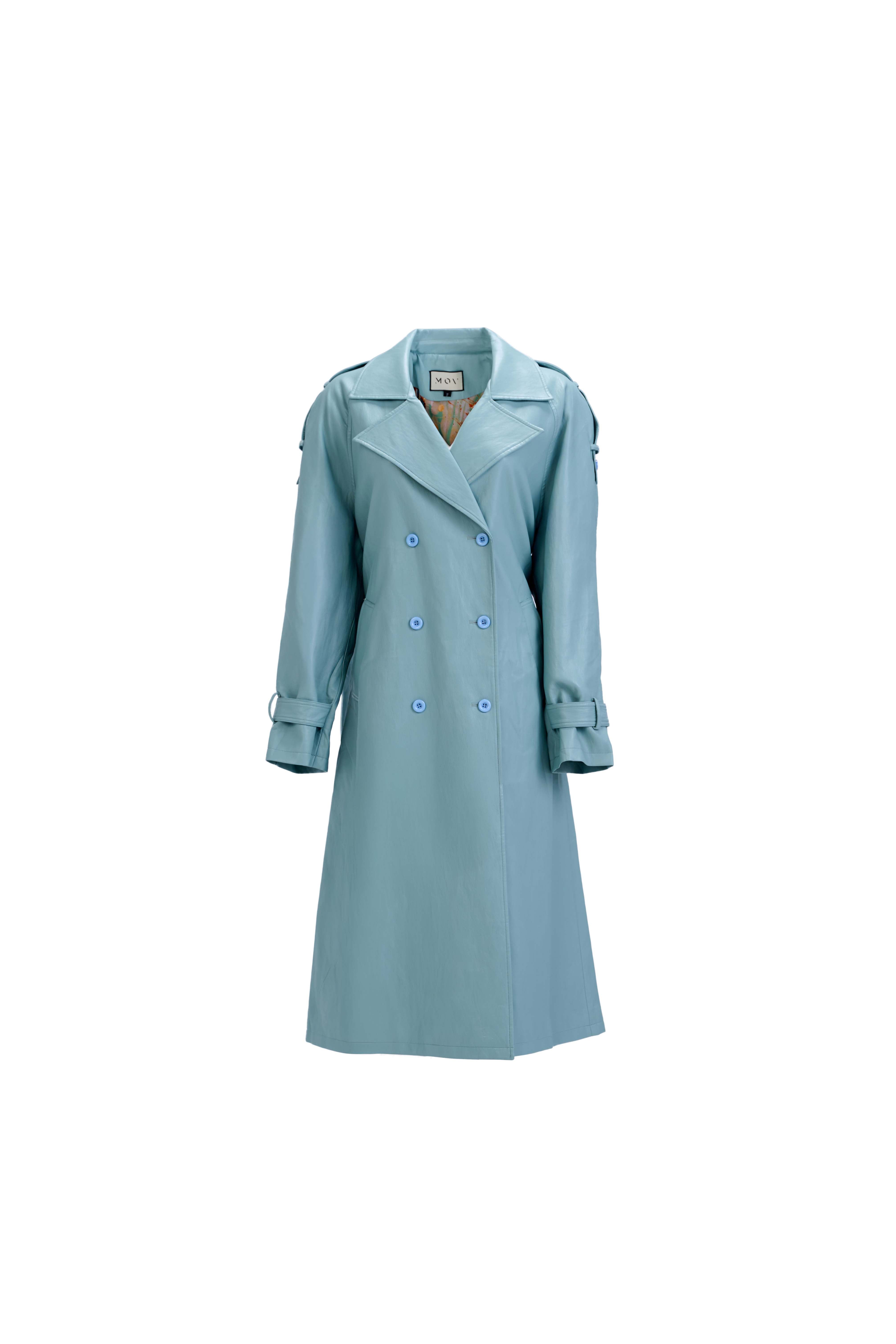 Oversized Trench Coat — Retro Blue Lined Vegan Leather with Artistic Wild Print Interior