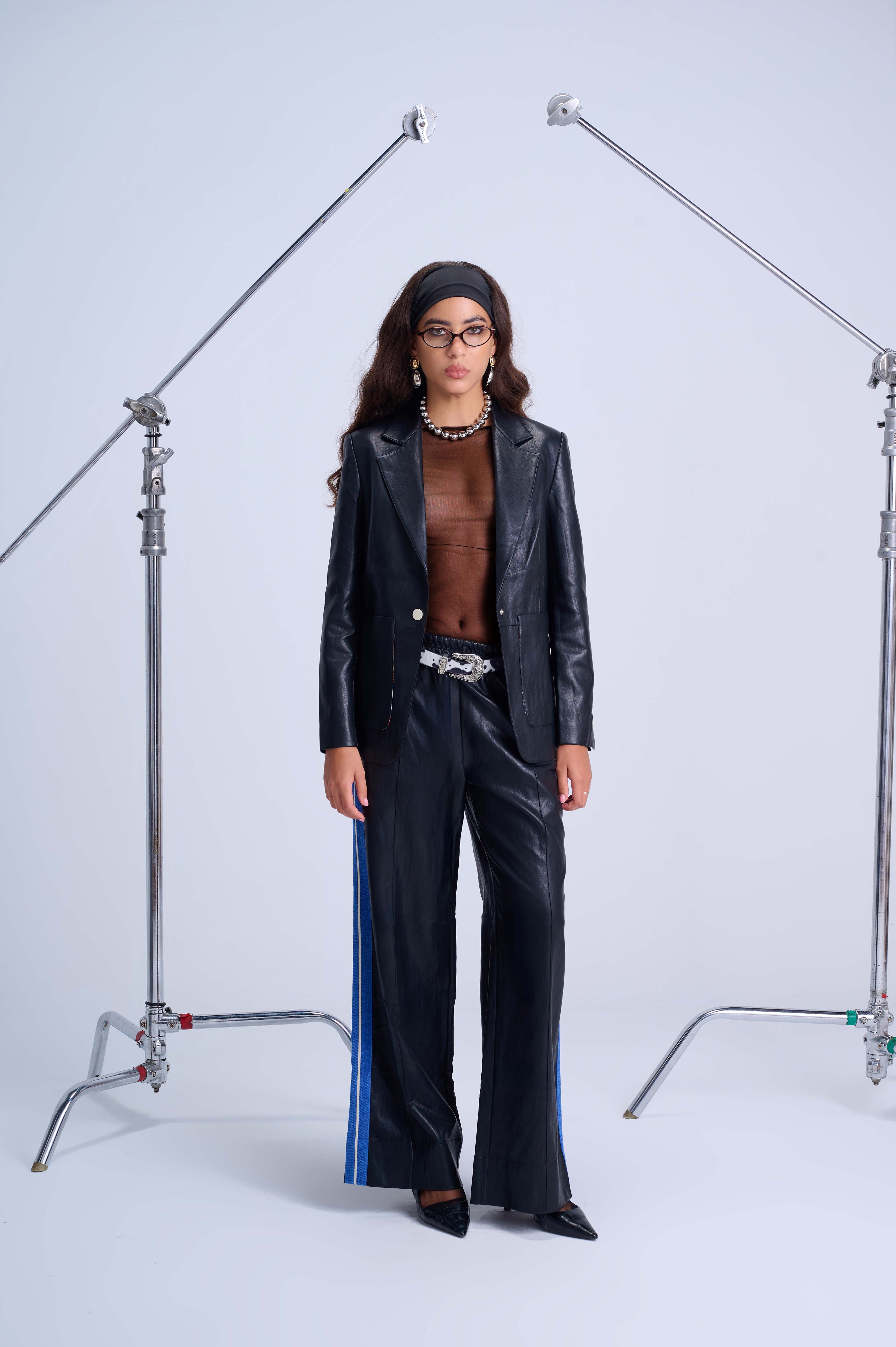 Perfect Suit Pants — Straight-Leg Vegan Leather with Side Stripes in Black