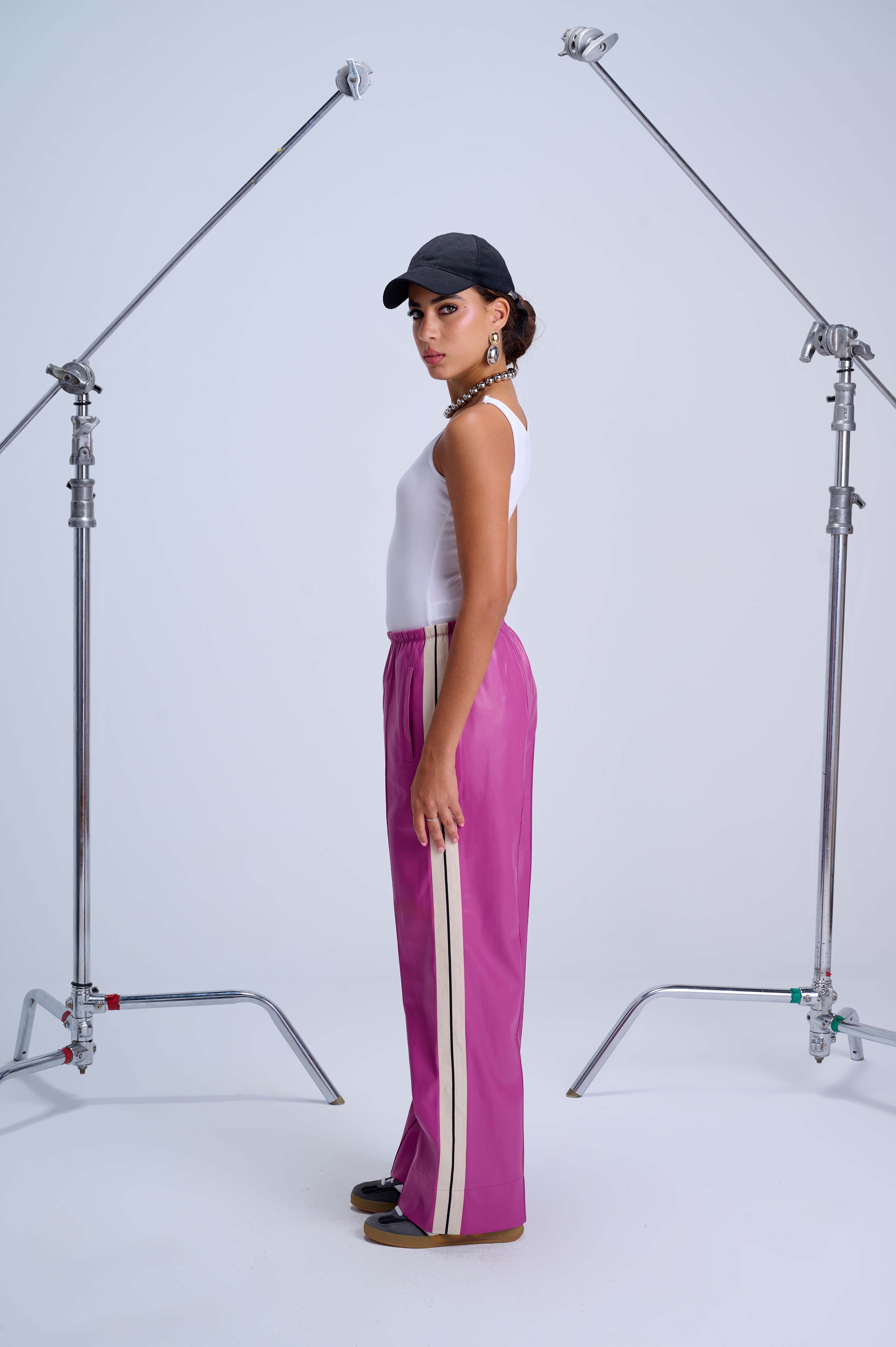 Perfect Suit Pants — Straight-Leg Vegan Leather with Side Stripes in Fushia