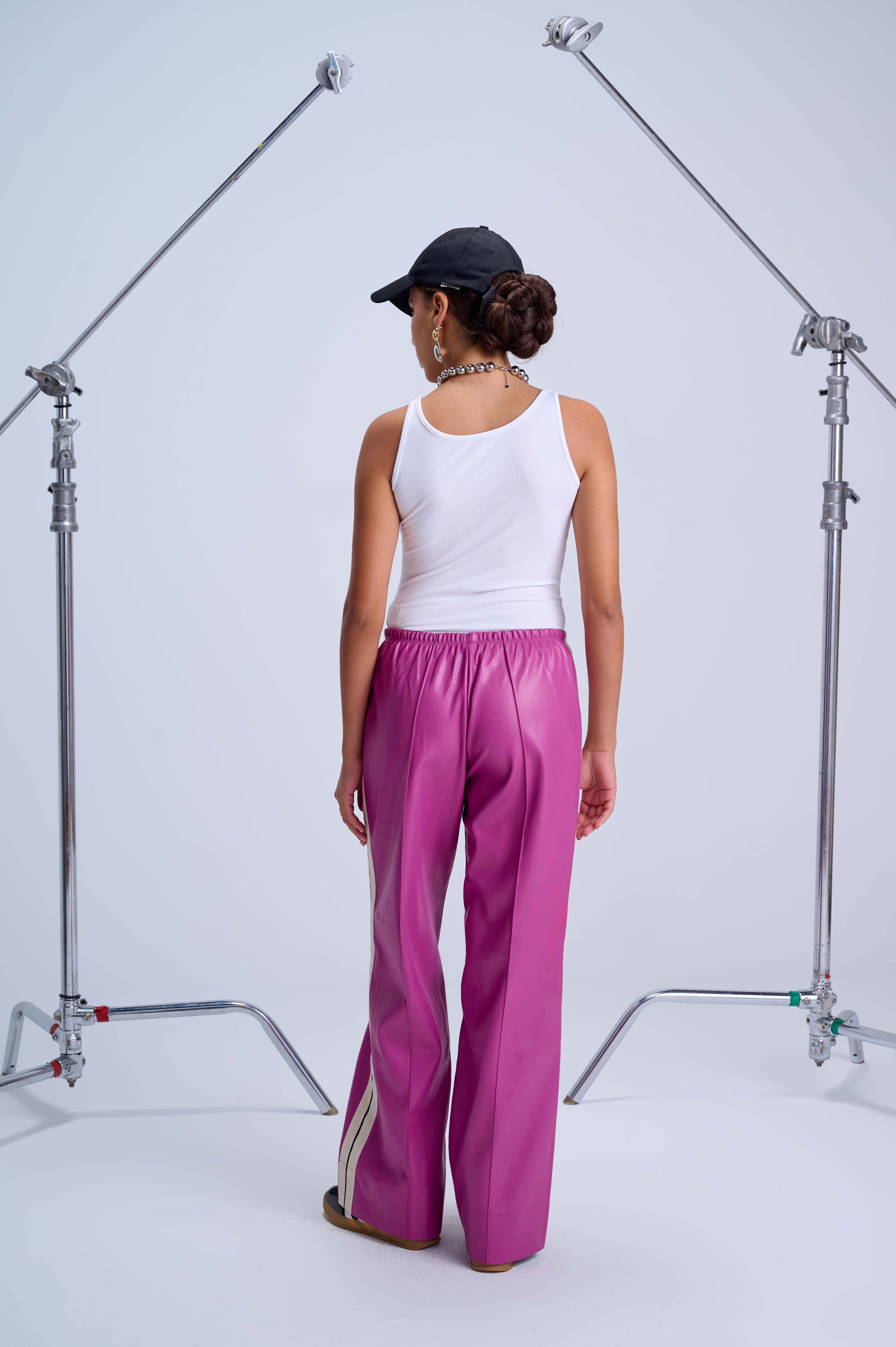 Perfect Suit Pants — Straight-Leg Vegan Leather with Side Stripes in Fushia