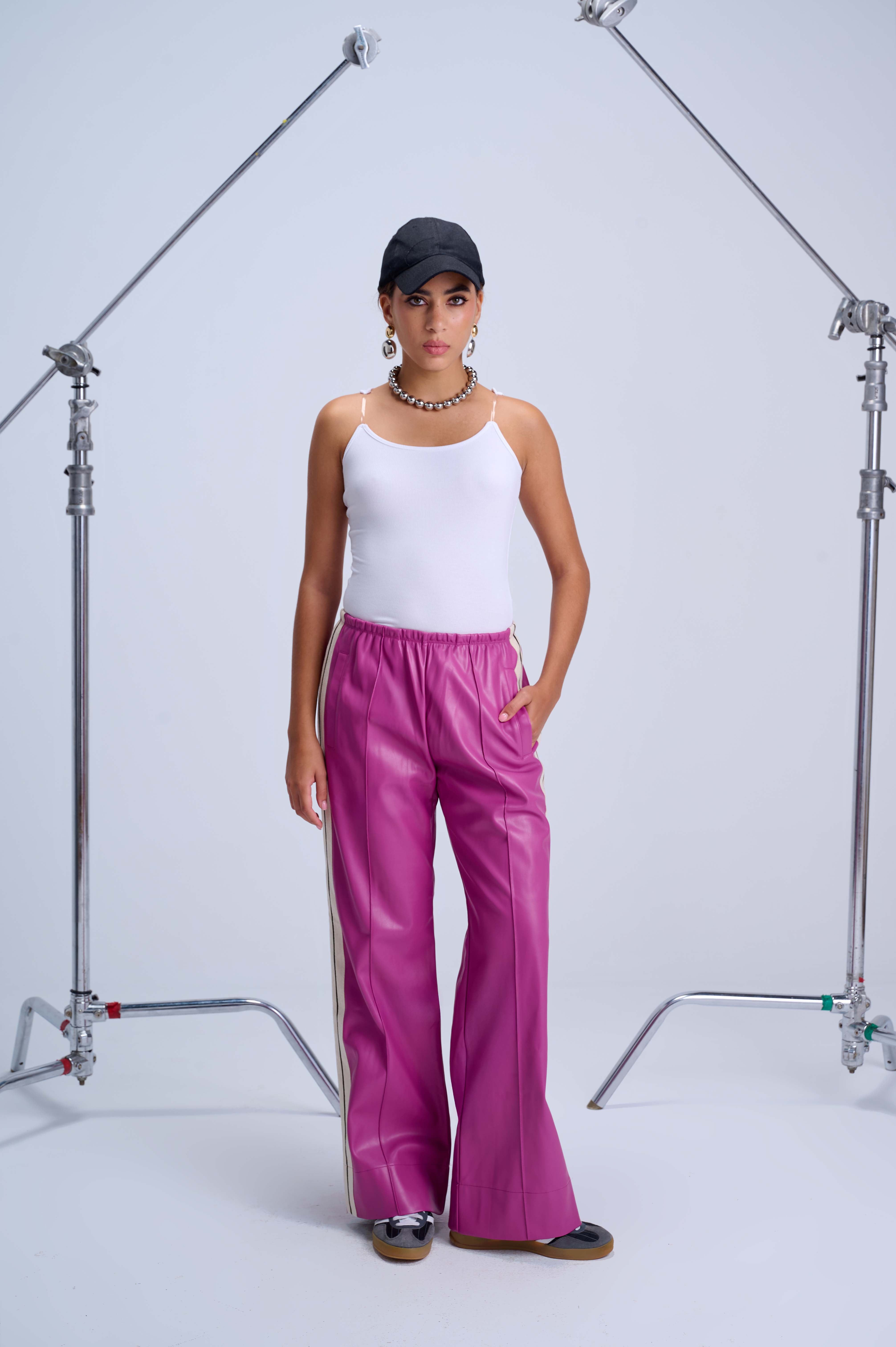Perfect Suit Pants — Straight-Leg Vegan Leather with Side Stripes in Fushia