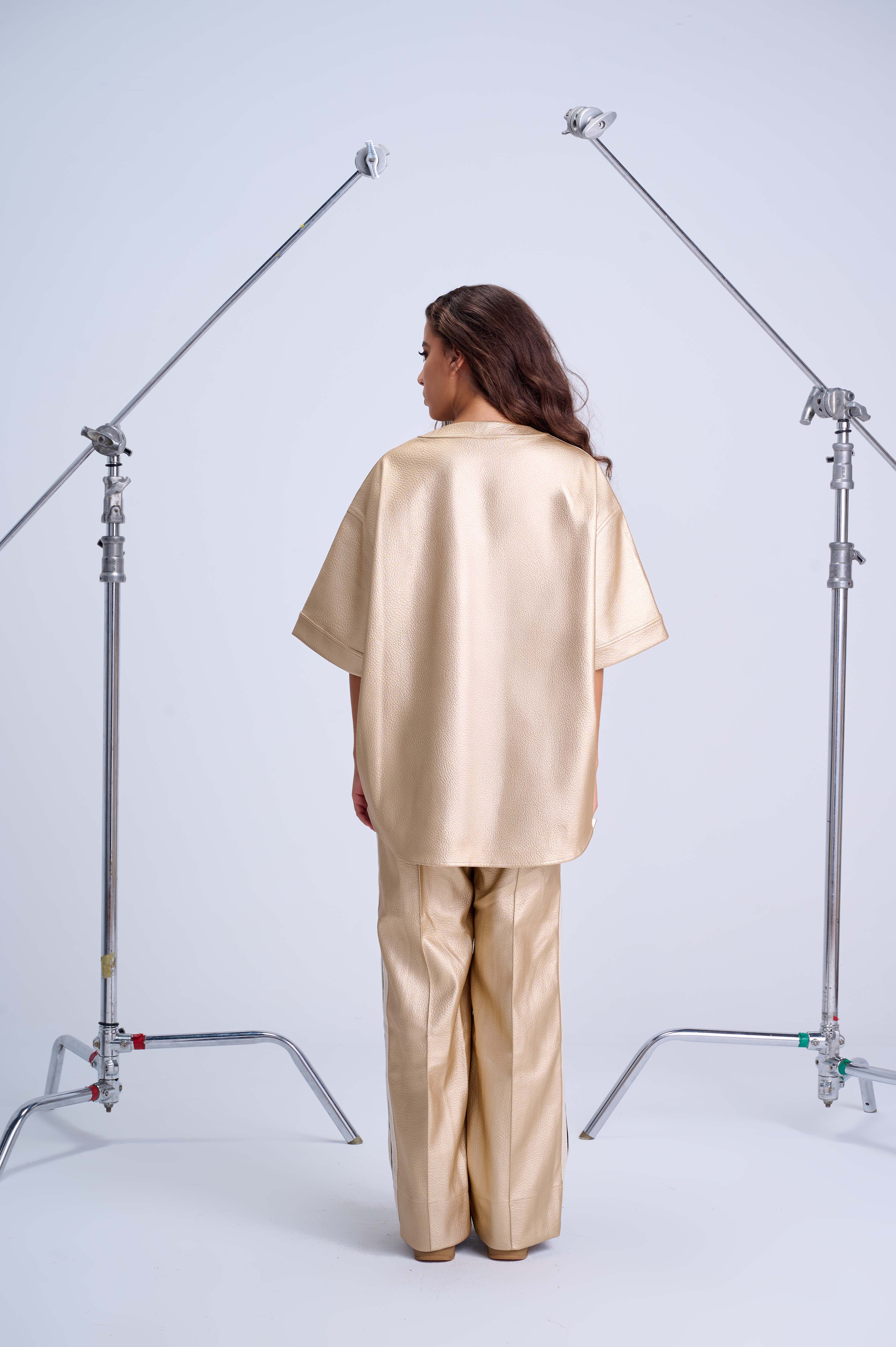 Perfect Suit Pants — Straight-Leg Vegan Leather with Side Stripes in Gold