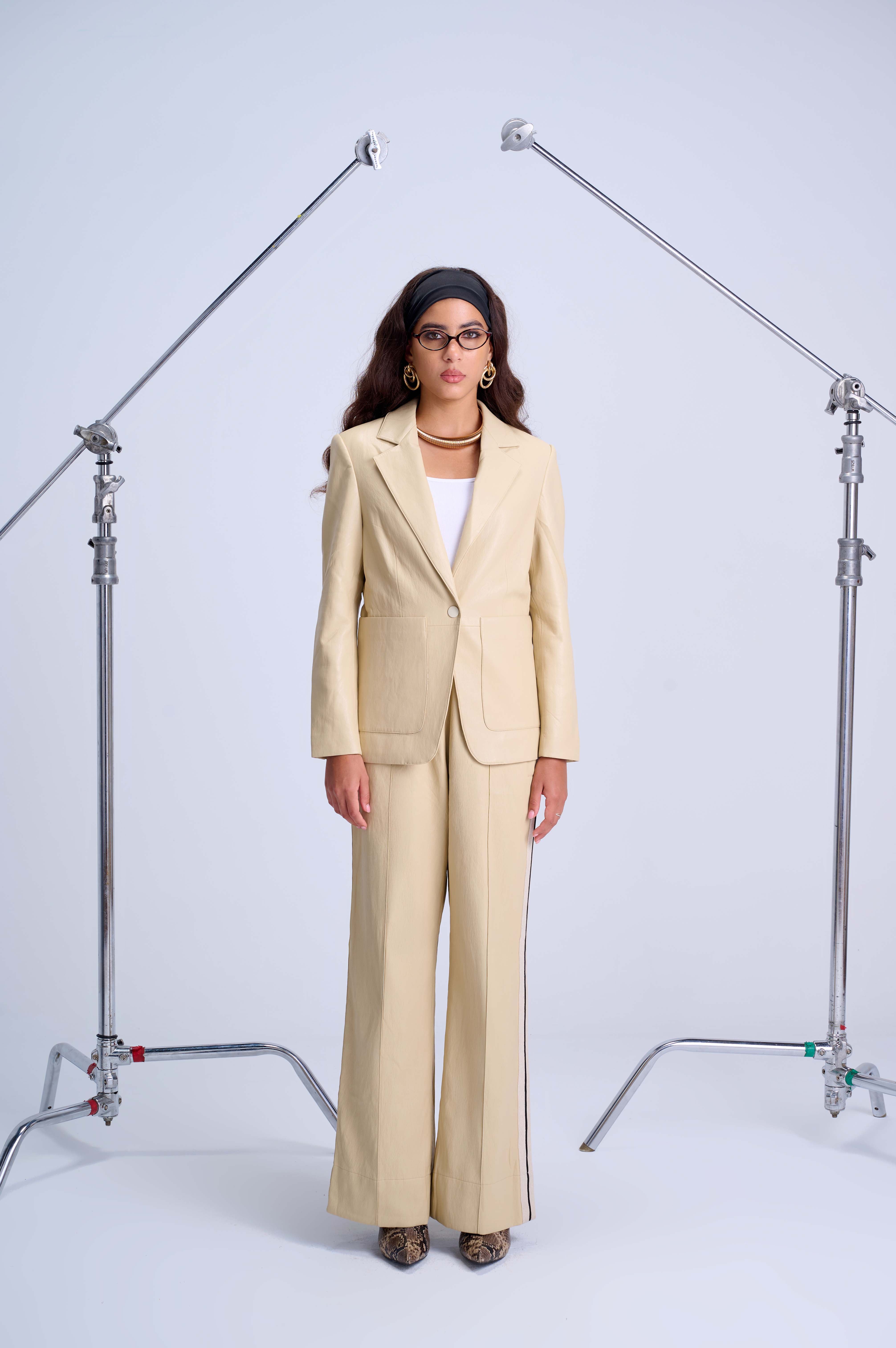 Perfect Suit Pants — Straight-Leg Vegan Leather with Side Stripes in Ivory Yellow