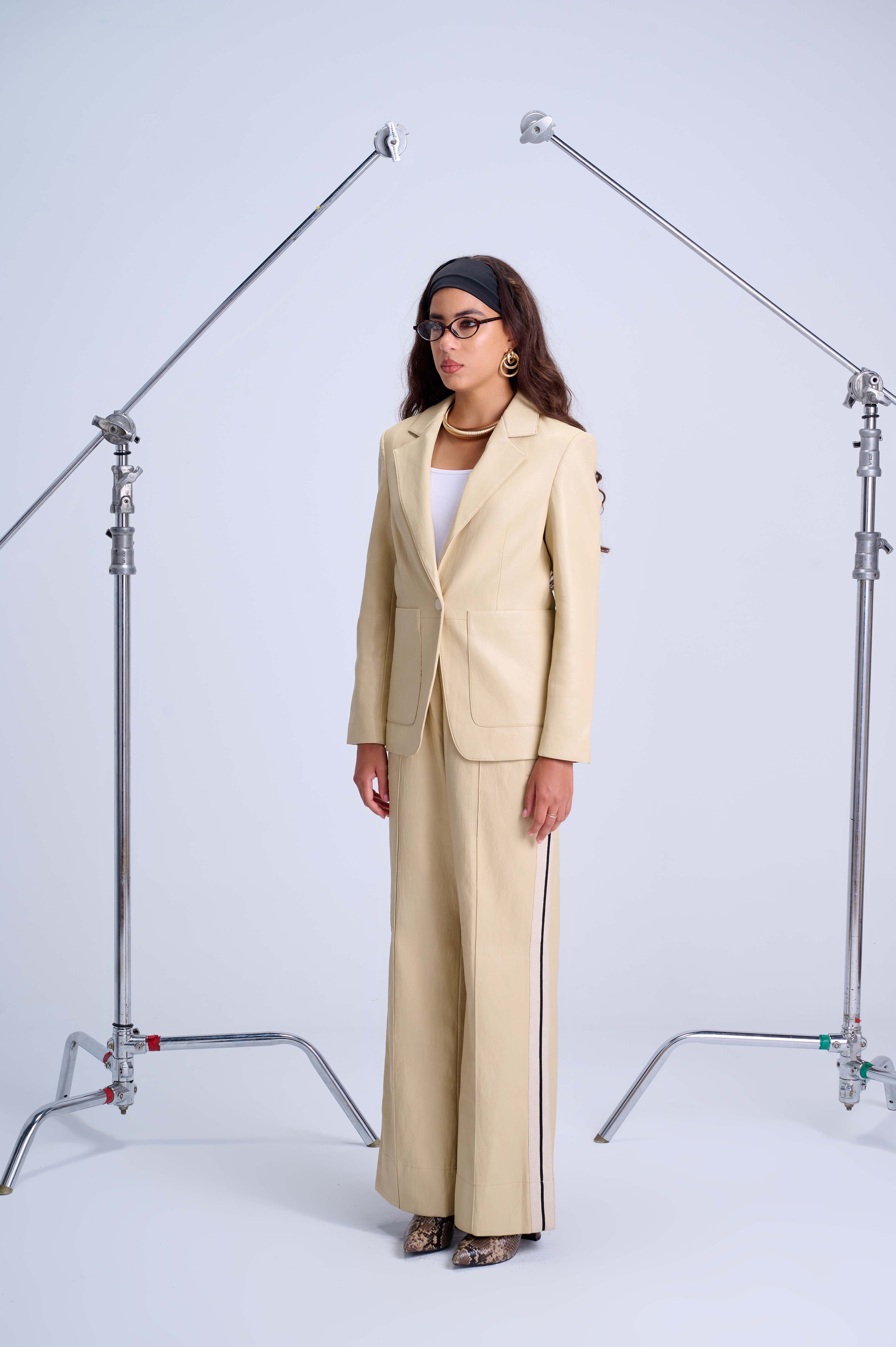 Perfect Suit Pants — Straight-Leg Vegan Leather with Side Stripes in Ivory Yellow