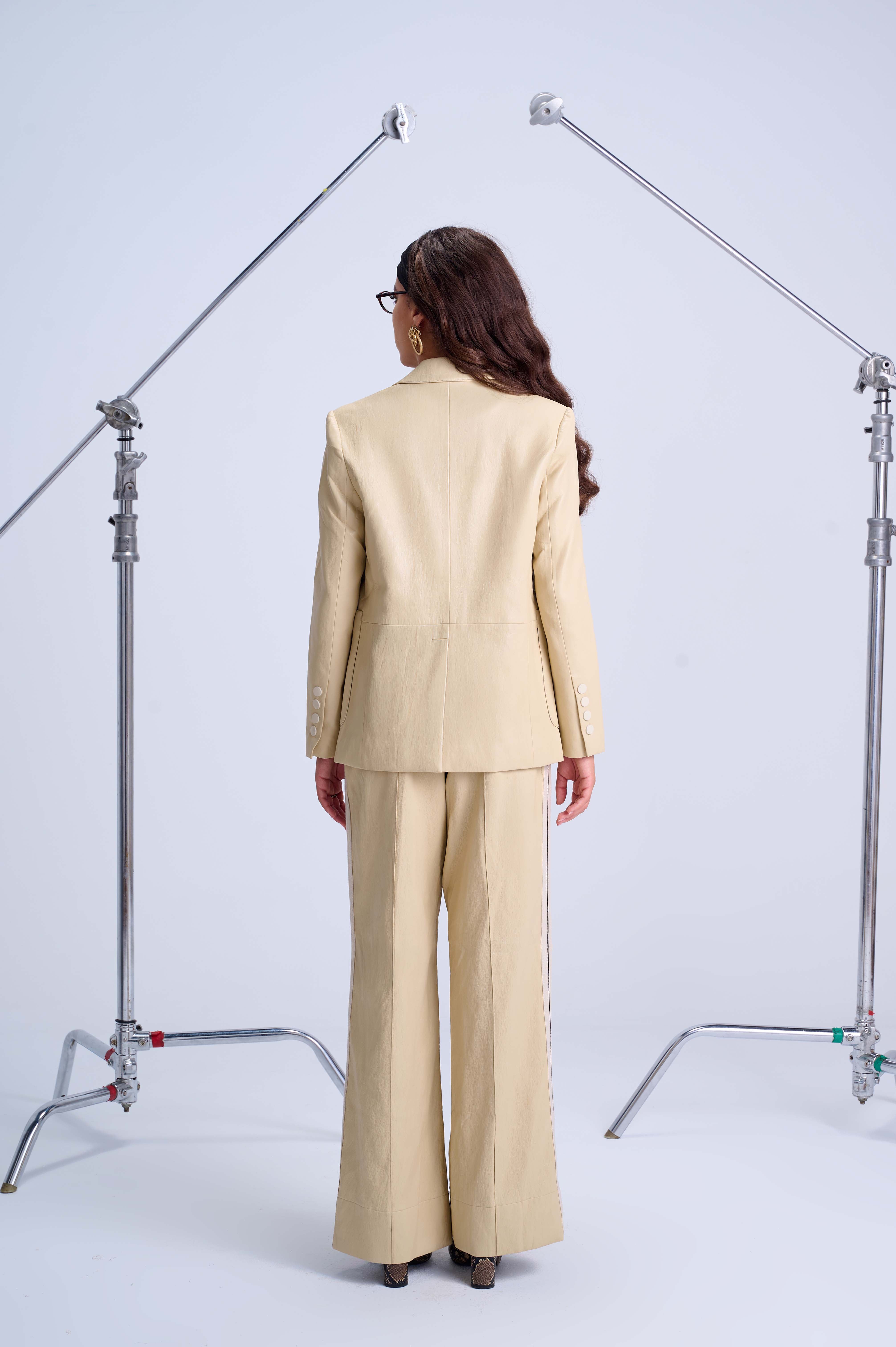 Perfect Suit Pants — Straight-Leg Vegan Leather with Side Stripes in Ivory Yellow