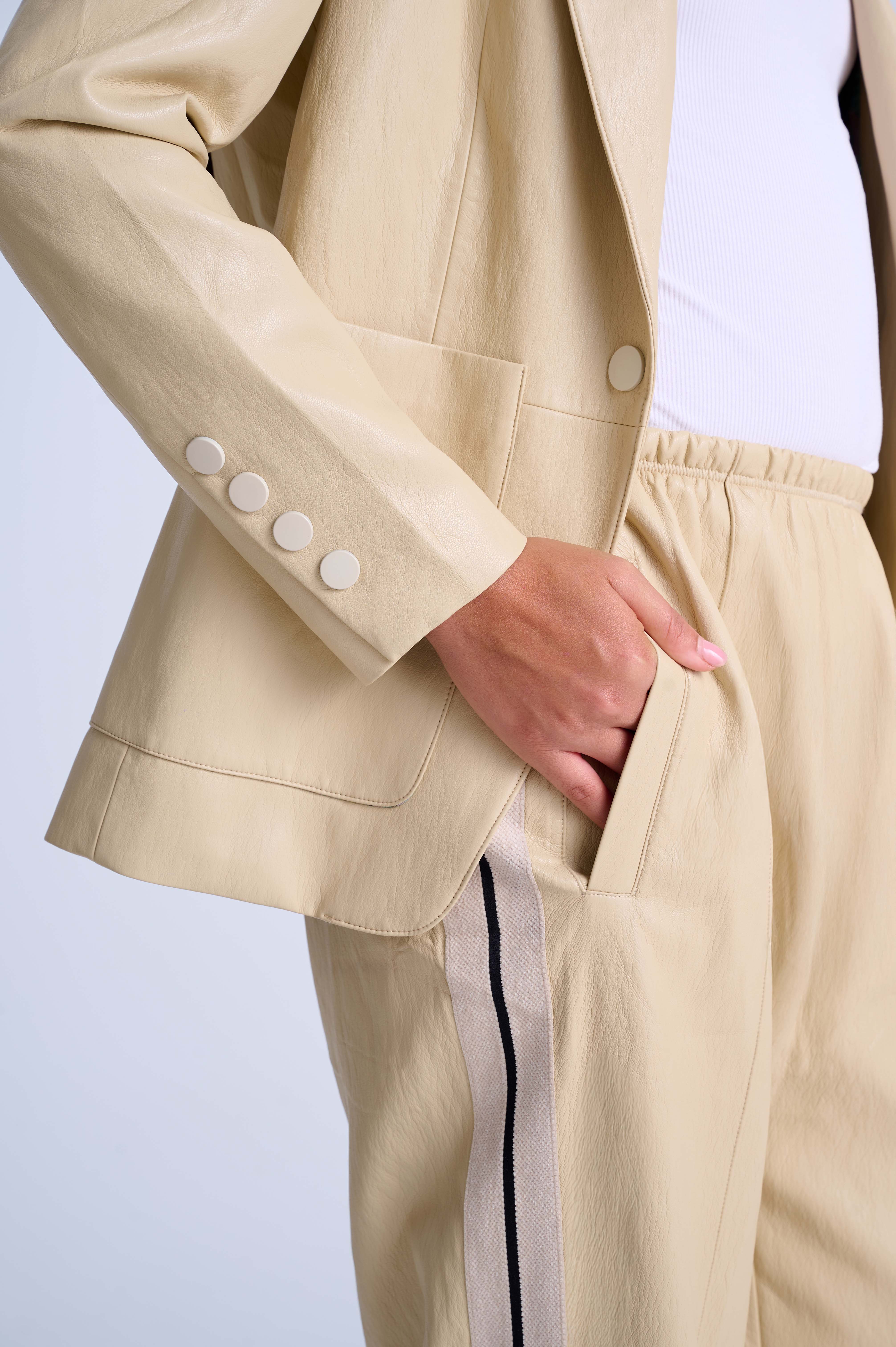 Perfect Suit Pants — Straight-Leg Vegan Leather with Side Stripes in Ivory Yellow